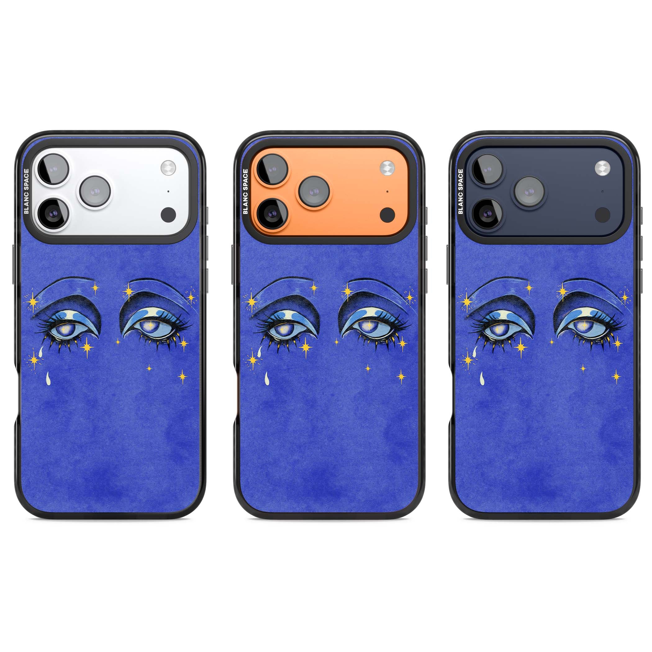 Blue Mystic Eyes celestial iPhone case featuring hand drawn blue mystical eyes, golden stars and a painted tear on indigo | Black Impact Magsafe case for iPhone 17 Pro, iPhone 17 Pro Max