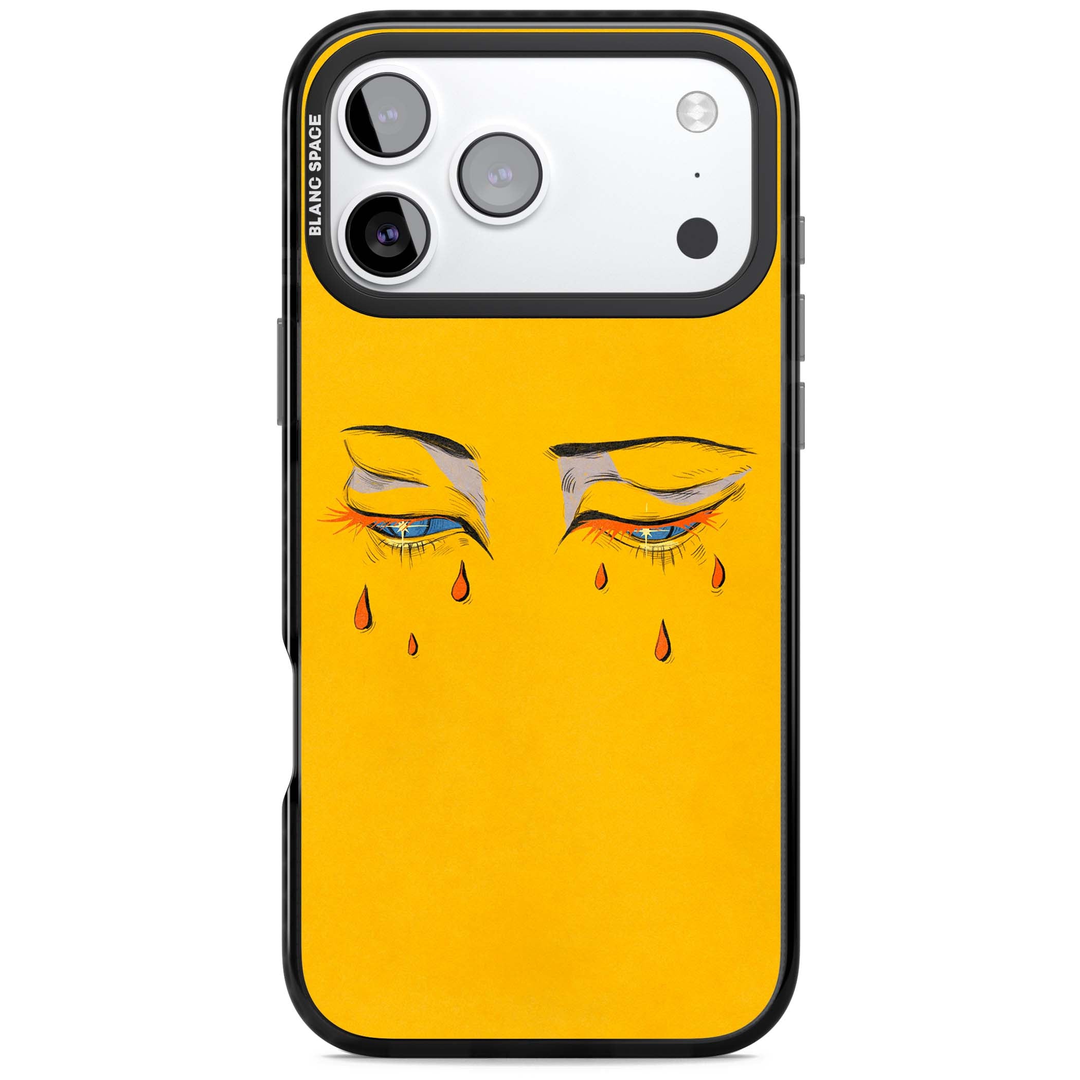Yellow Tearful Eyes indie iPhone case featuring hand-drawn crying eyes with orange tears on a yellow background | Black Impact Magsafe case for iPhone 17 Pro, iPhone 17 Pro Max