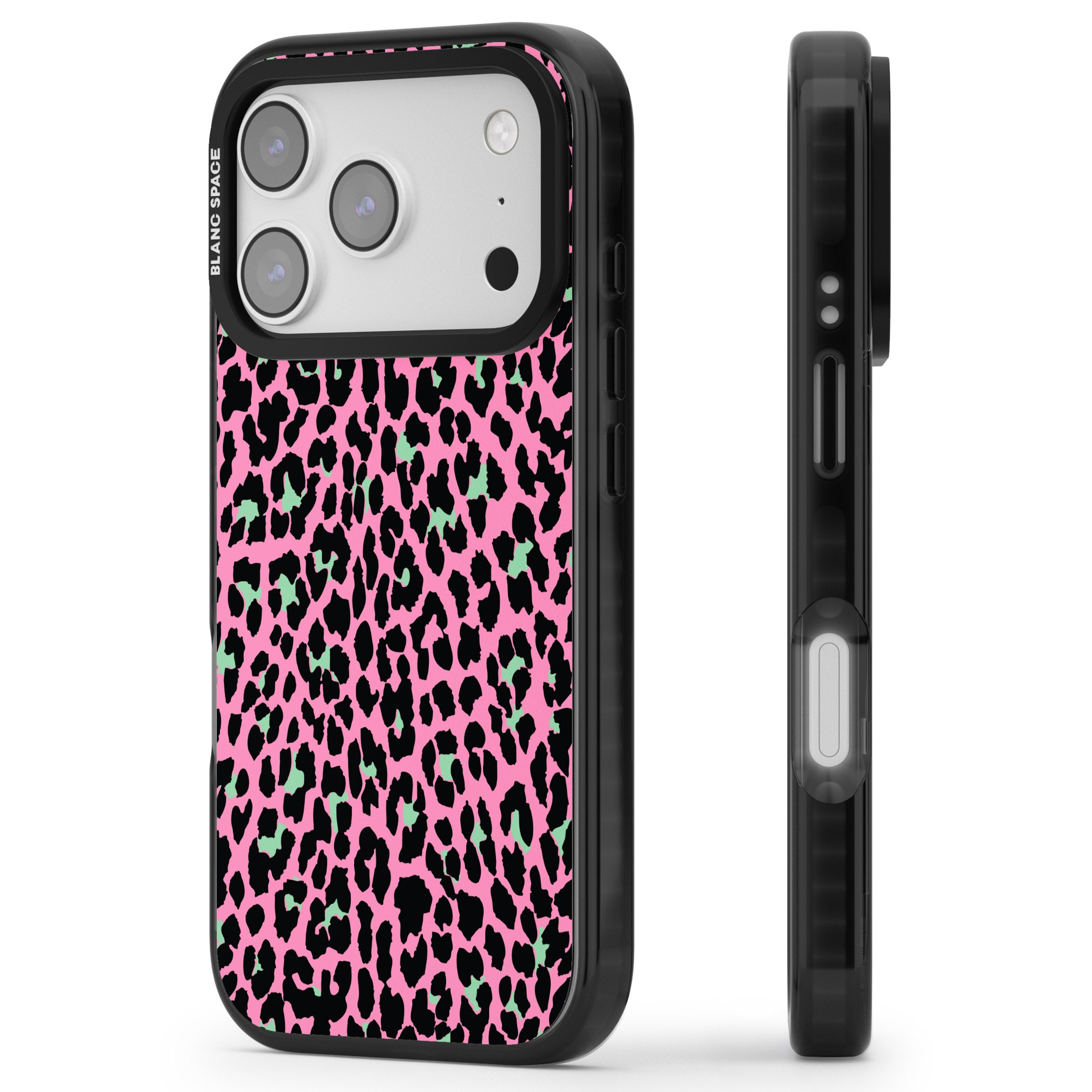 Pink & Green Leopard iPhone 17 Pro Impact Pro Black Phone Case Side Profile