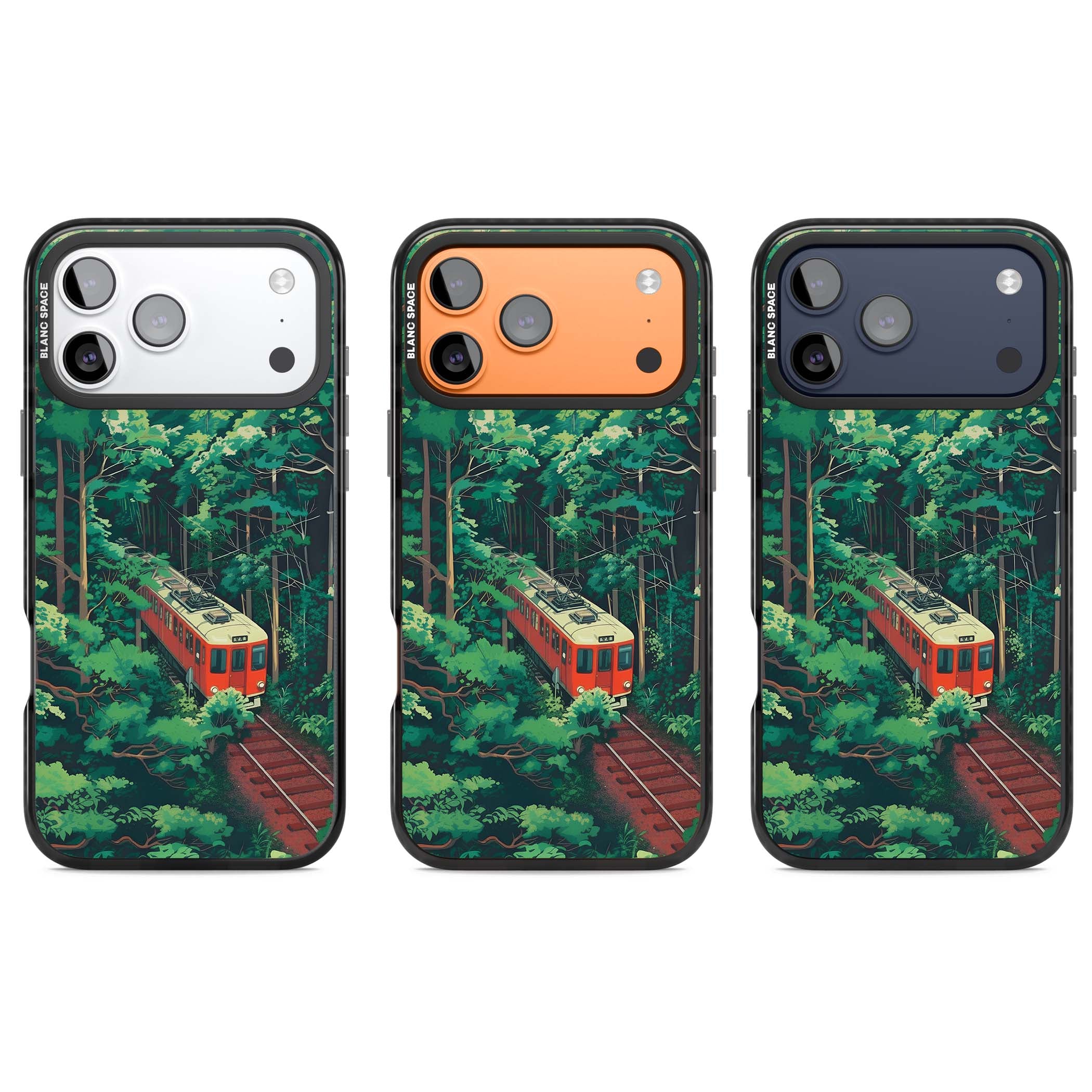 Railway In Toyama Japanese iPhone case featuring a red train, cedar forest and winding mountain railway tracks | Black Impact Magsafe case for iPhone 17 Pro, iPhone 17 Pro Max