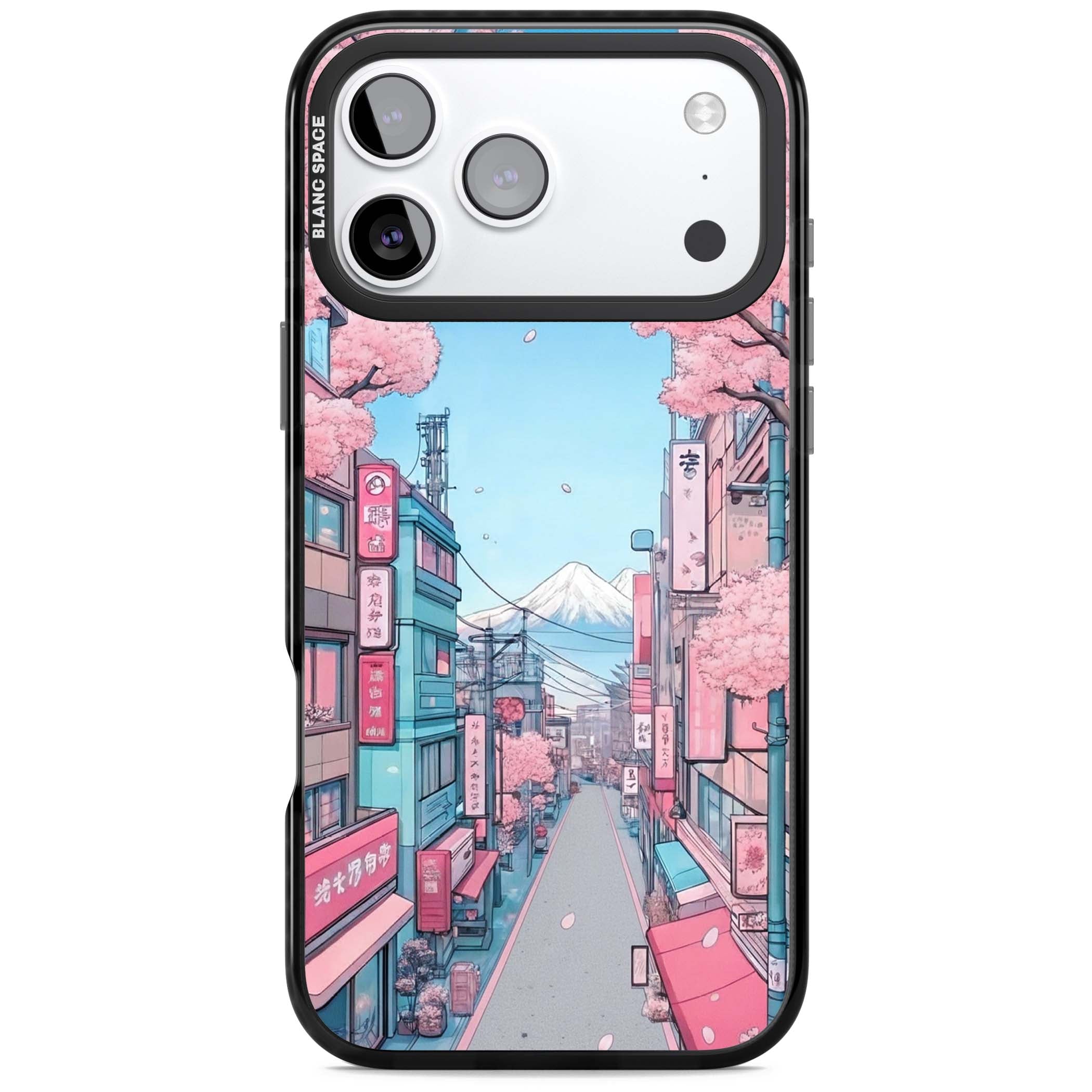 Sakura Lane anime iPhone case featuring Tokyo street scene with cherry blossoms and Mount Fuji | Black Impact Magsafe case for iPhone 17 Pro, iPhone 17 Pro Max