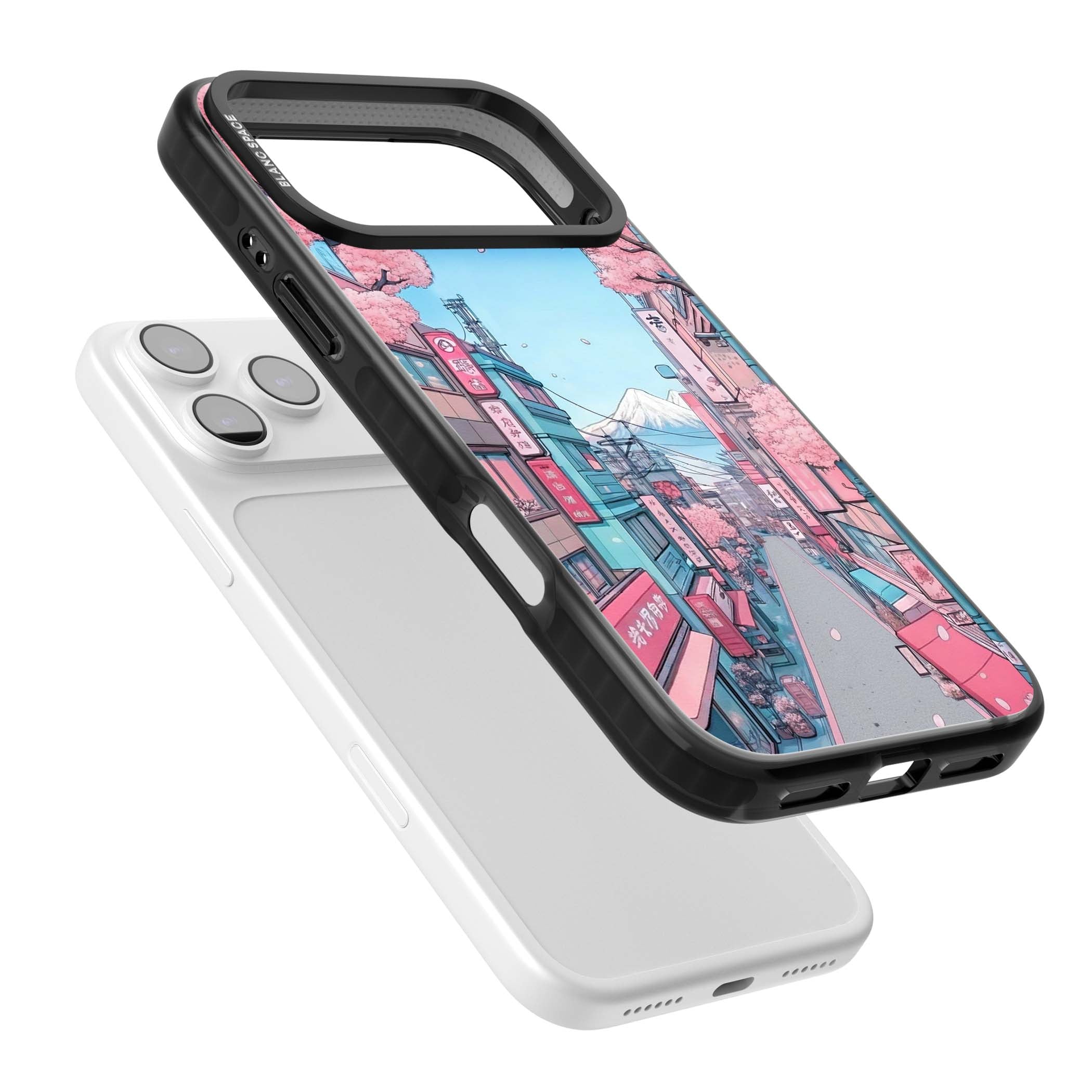 Sakura Lane anime iPhone case featuring Tokyo street scene with cherry blossoms and Mount Fuji | Black Impact Magsafe case for iPhone 17 Pro, iPhone 17 Pro Max