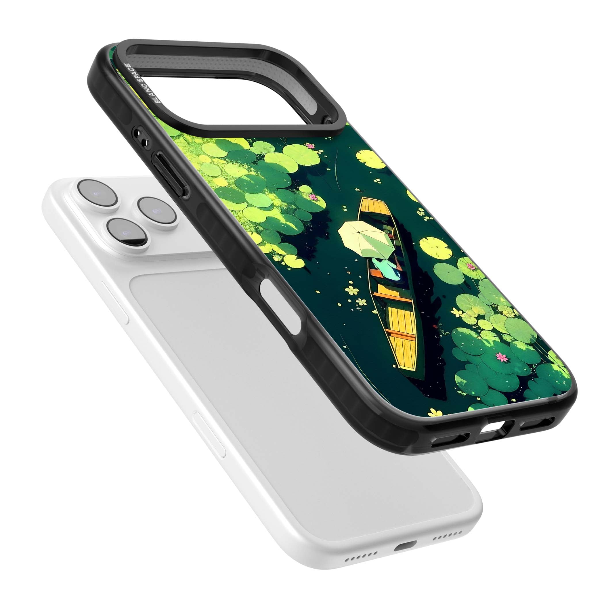 Jade Waters cottagecore iPhone case featuring a painted lily pond, wooden boat with parasol and floating water lilies | Black Impact Magsafe case for iPhone 17 Pro, iPhone 17 Pro Max