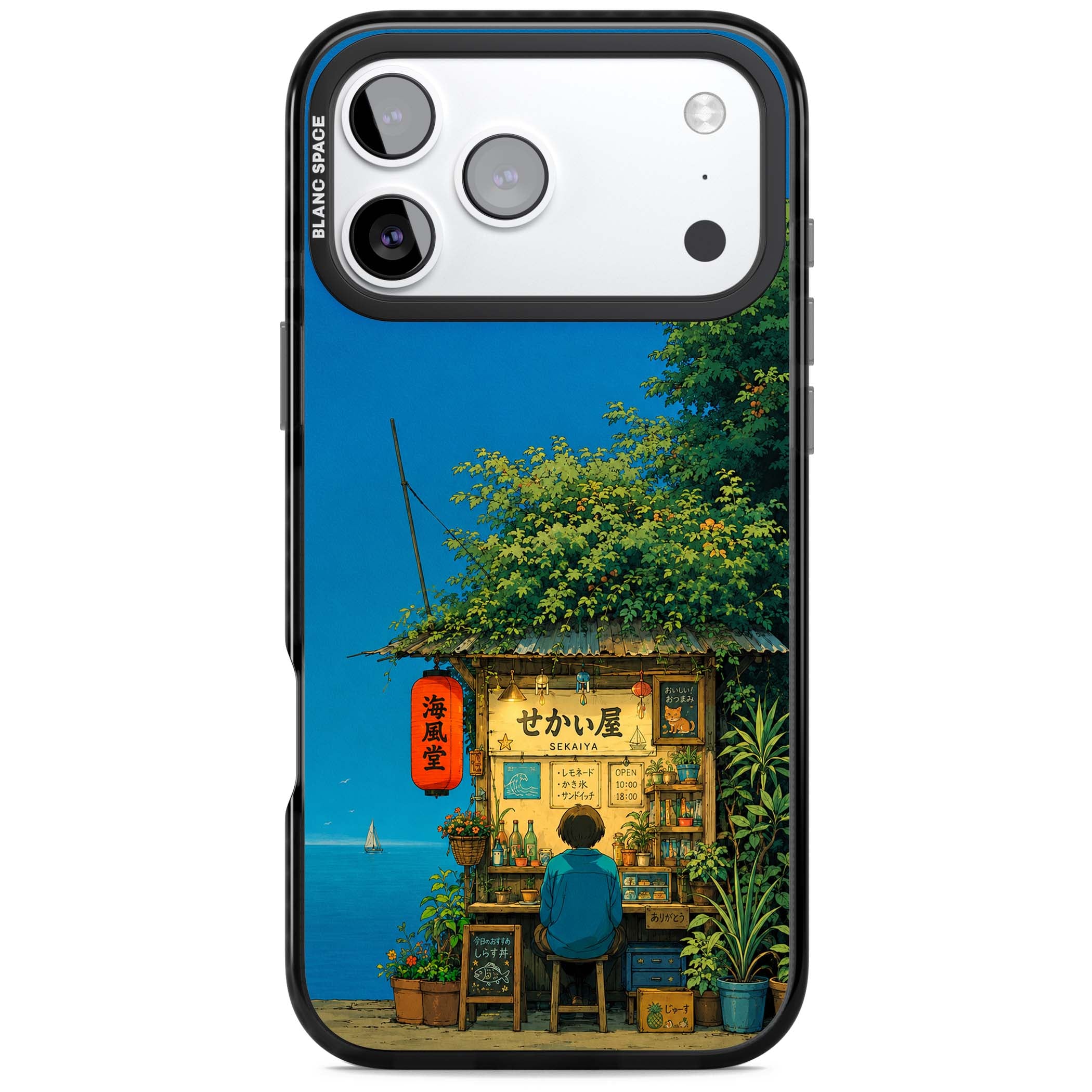 The Shirahama Kiosk anime iPhone case featuring a Japanese seaside shop, red paper lantern and ocean view | Black Impact Magsafe case for iPhone 17 Pro, iPhone 17 Pro Max