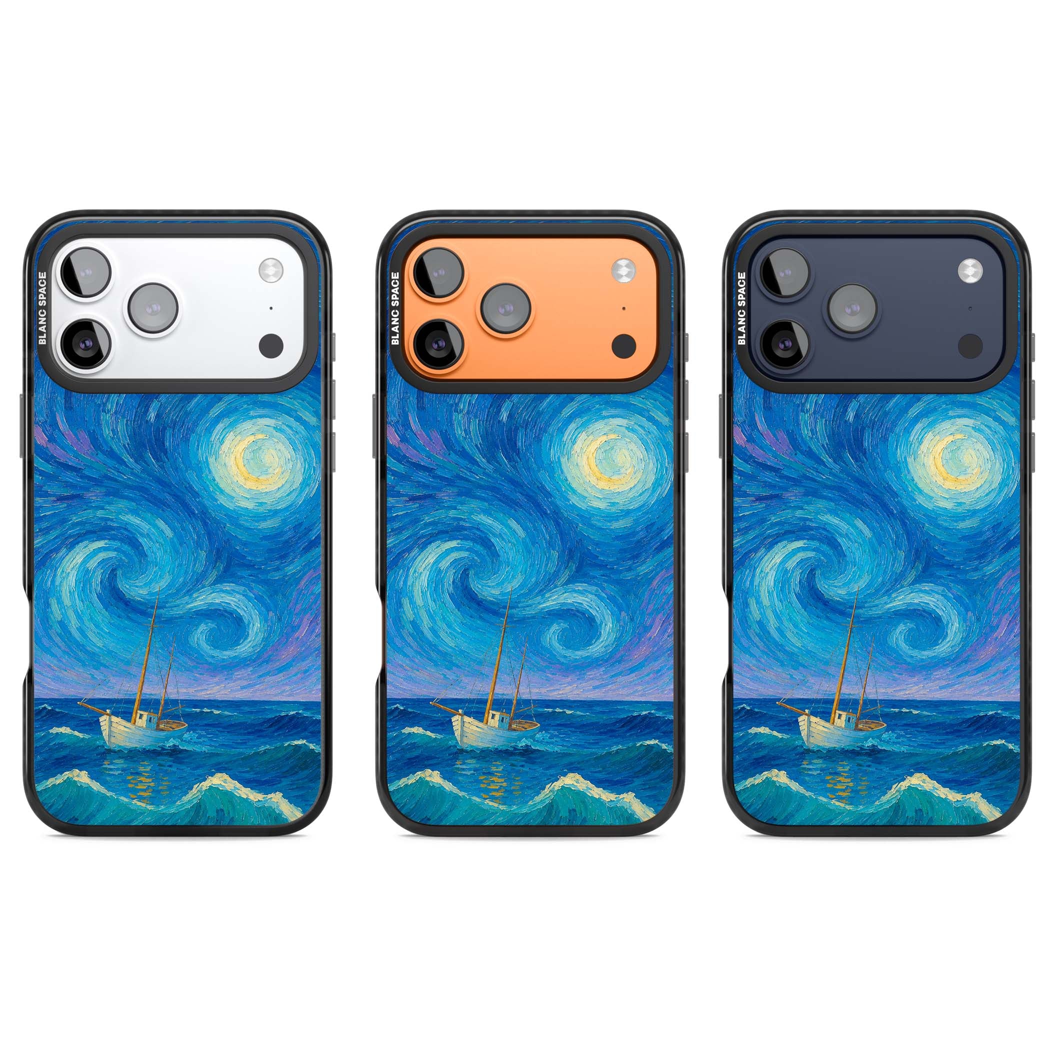 Moonlit Tide Van Gogh art iPhone case featuring swirling starry night sky, glowing moon and lone sailing boat at sea | Black Impact Magsafe case for iPhone 17 Pro, iPhone 17 Pro Max