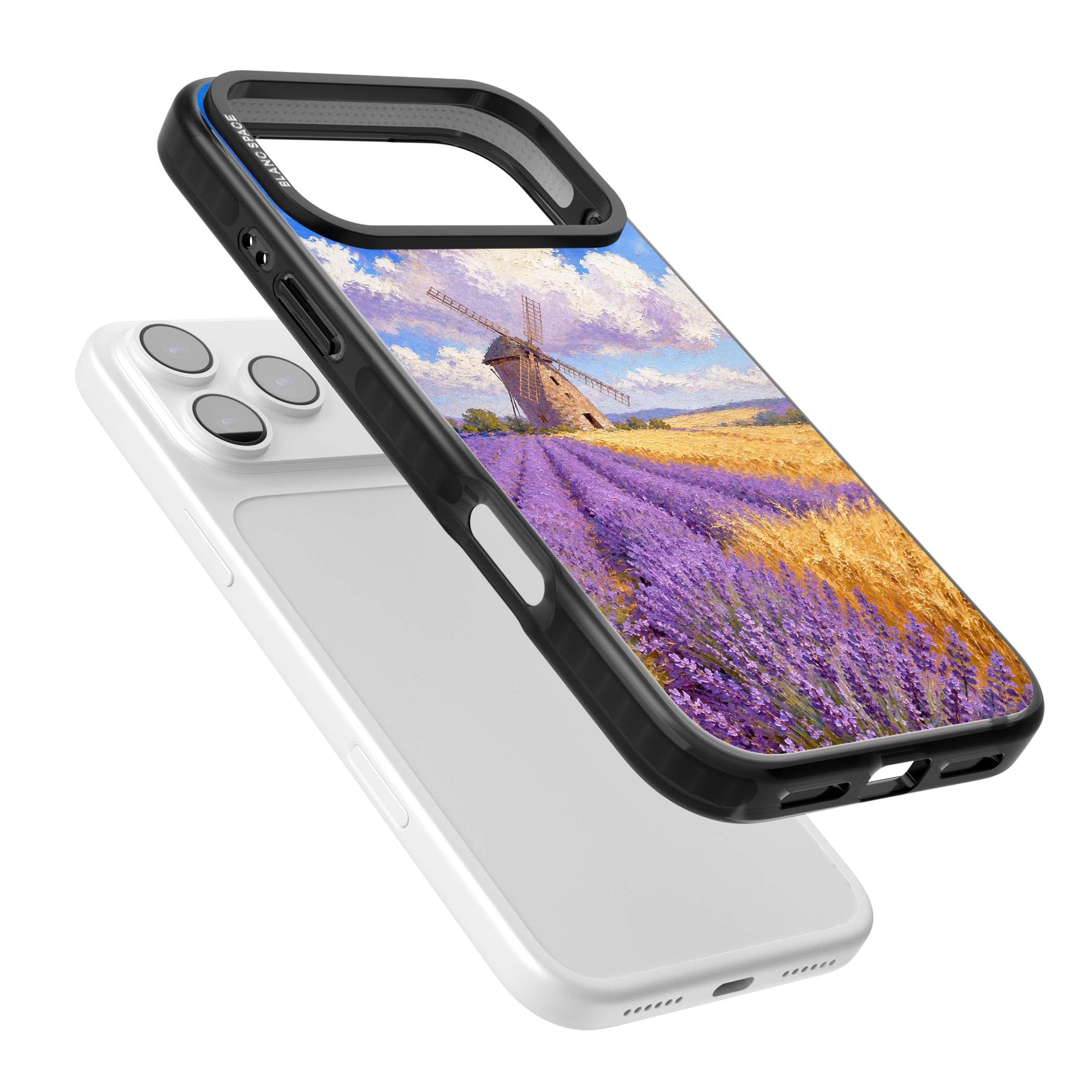 Lavender Mill cottagecore iPhone case featuring a French windmill, lavender field and golden wheat oil painting | Black Impact Magsafe case for iPhone 17 Pro, iPhone 17 Pro Max