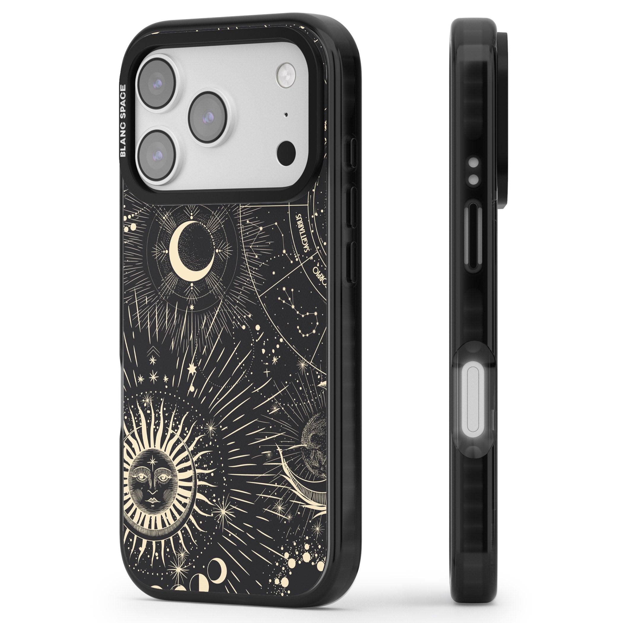 Cosmic Sun & Symbols Zodiac iPhone 17 Pro Impact Pro Black Phone Case Side Profile