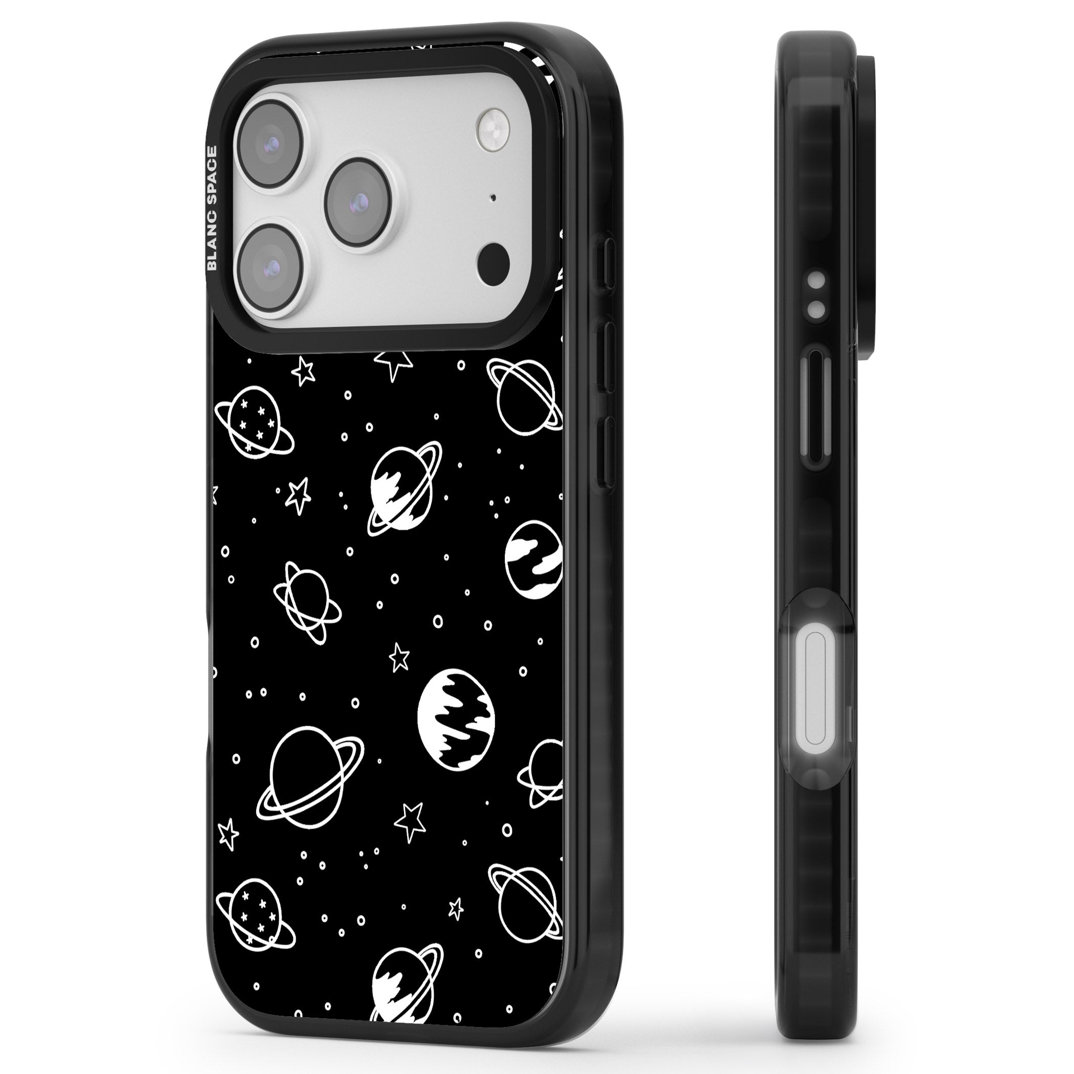 Cosmic Sketch White Black iPhone 17 Pro Impact Pro Black Phone Case Side Profile