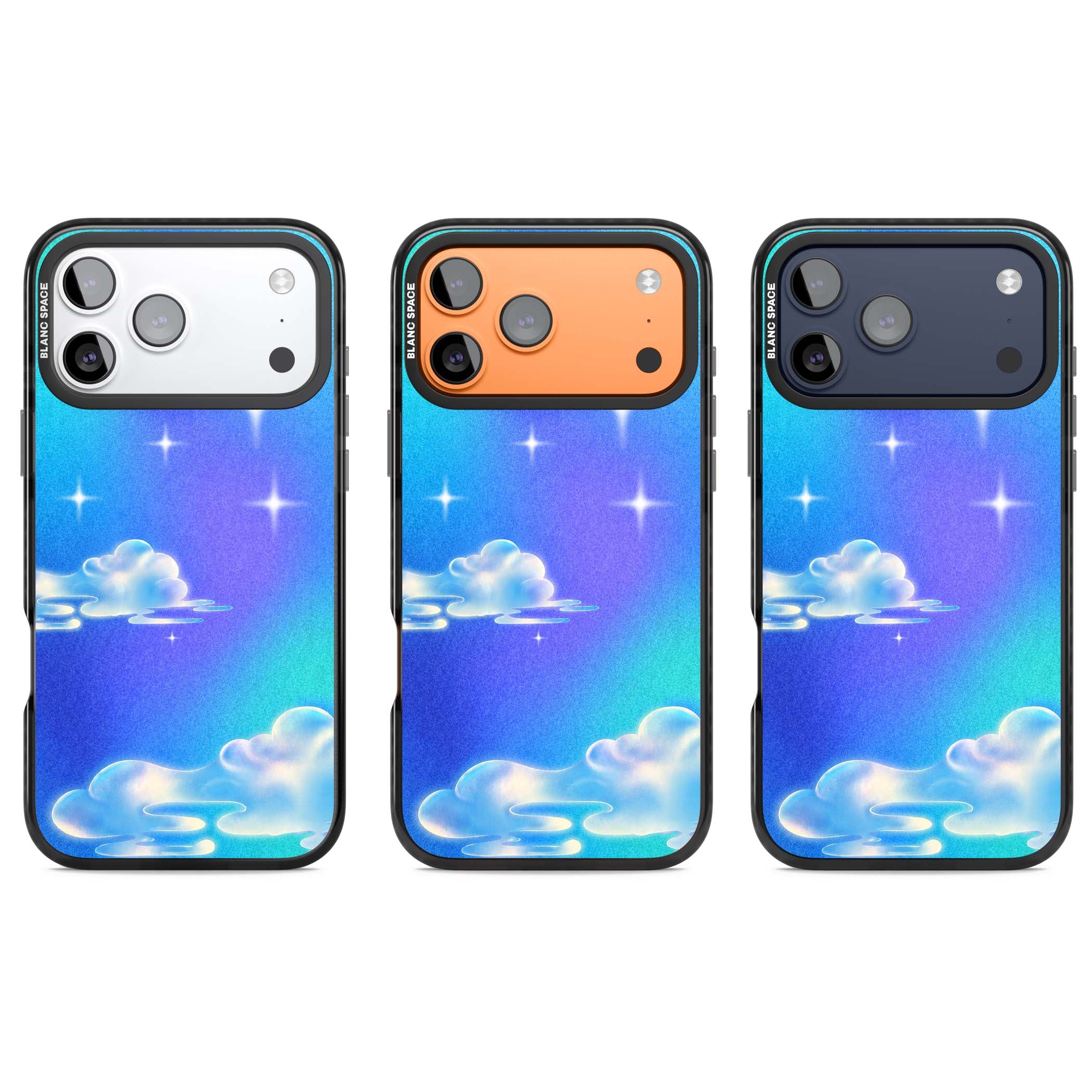 Aurora celestial iPhone case featuring dreamy iridescent clouds, sparkling stars and pastel blue purple sky | Black Impact Magsafe case for iPhone 17 Pro, iPhone 17 Pro Max