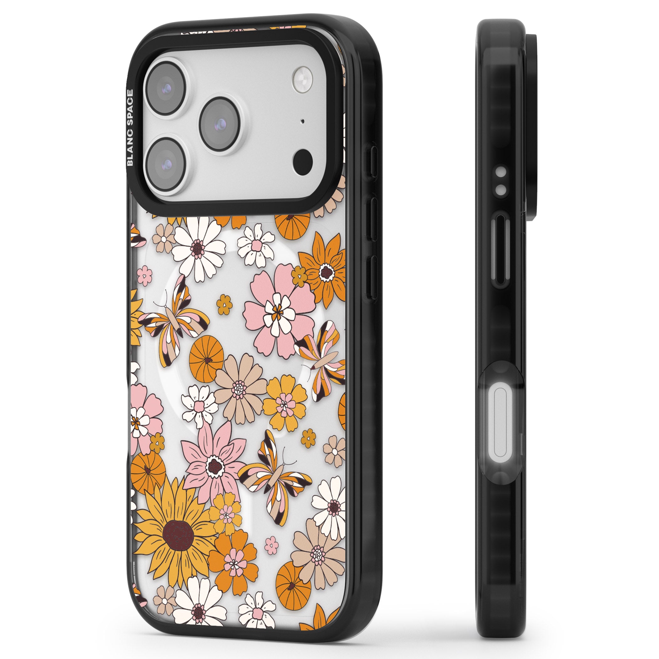 Butterfly Bloom Autumn Floral iPhone 17 Pro Impact Pro Black Phone Case Side Profile