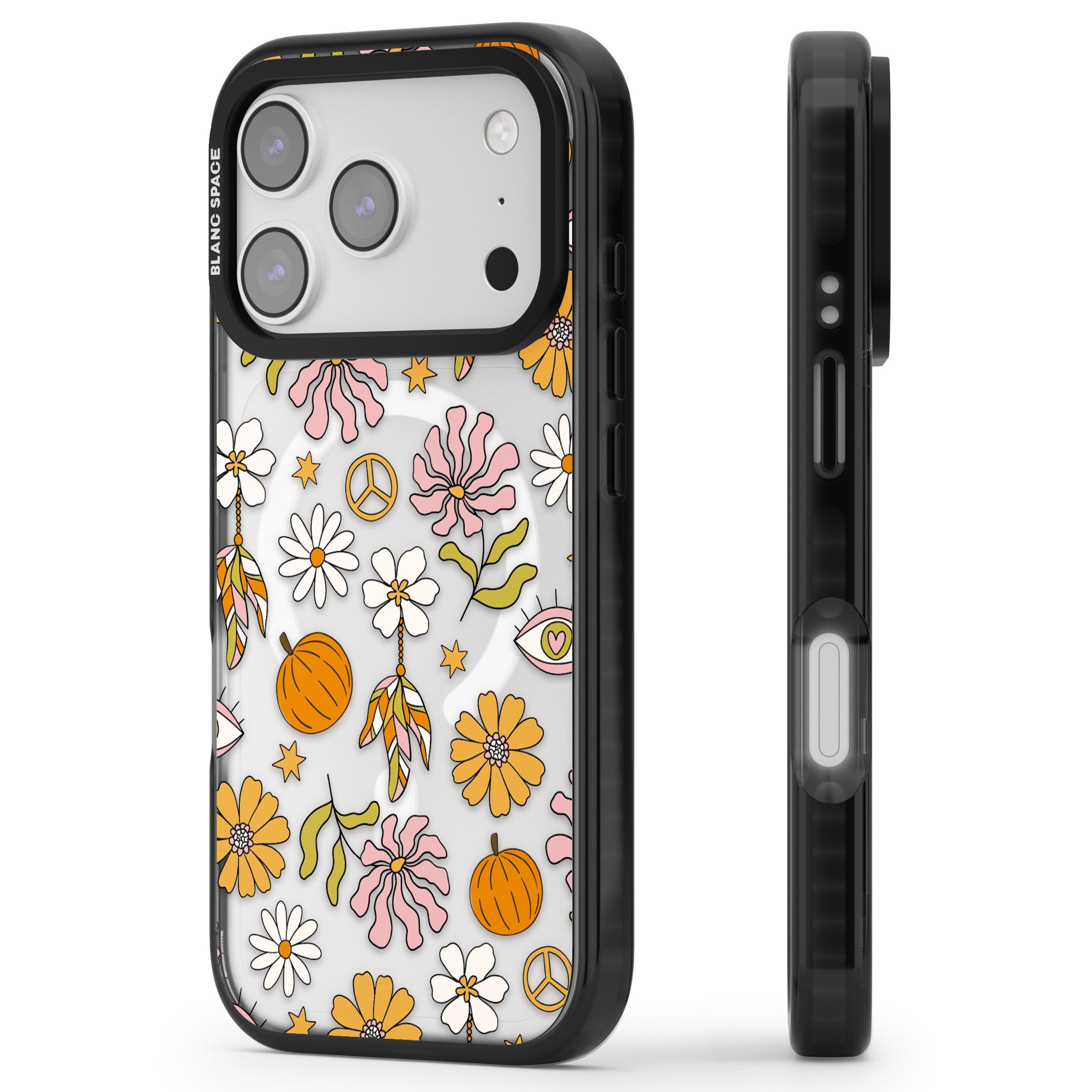 Retro Boho Fall Floral iPhone 17 Pro Impact Pro Black Phone Case Side Profile