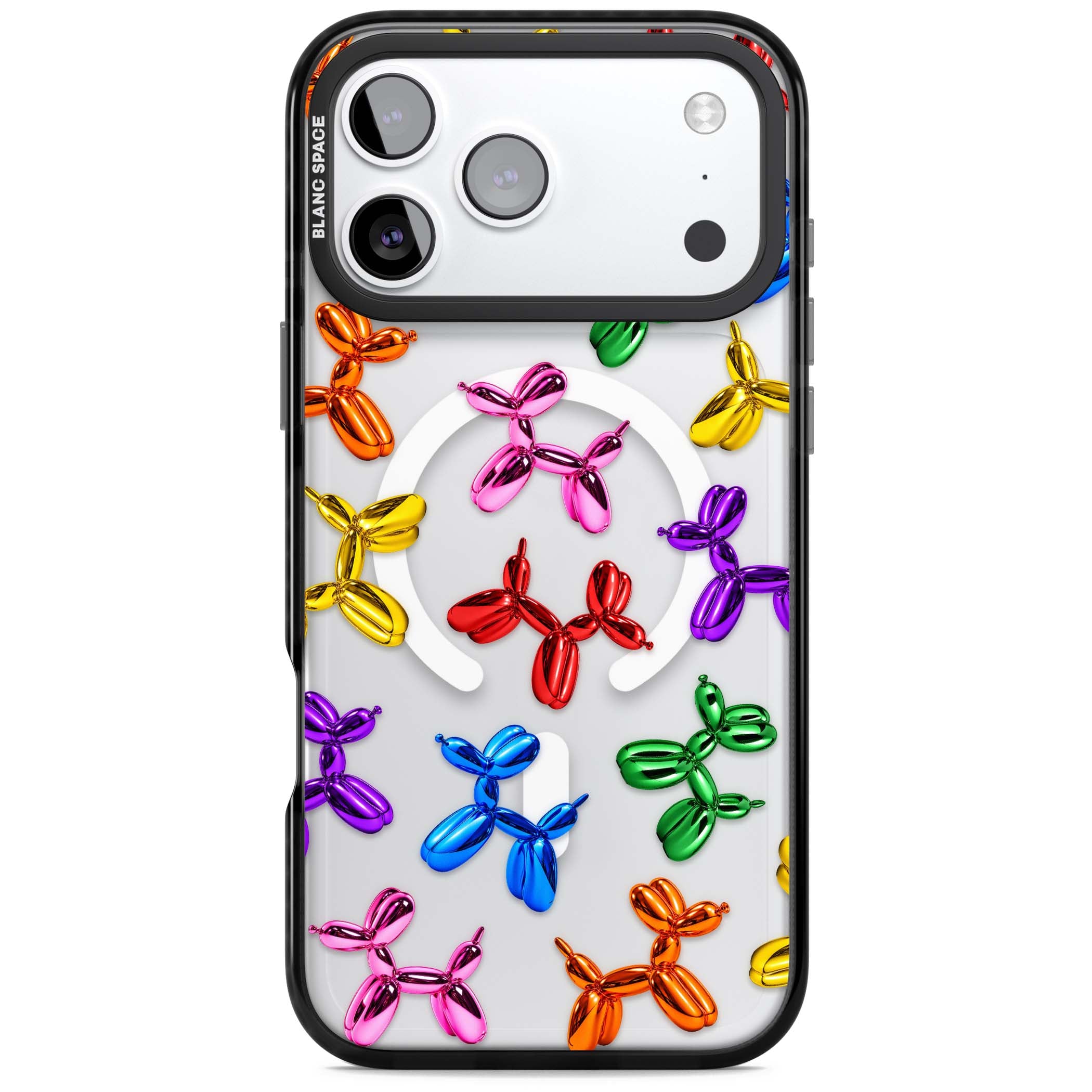 Balloon Dogs pop art iPhone case featuring rainbow chrome balloon dogs in Jeff Koons style | Black Impact Magsafe case for iPhone 17 Pro, iPhone 17 Pro Max