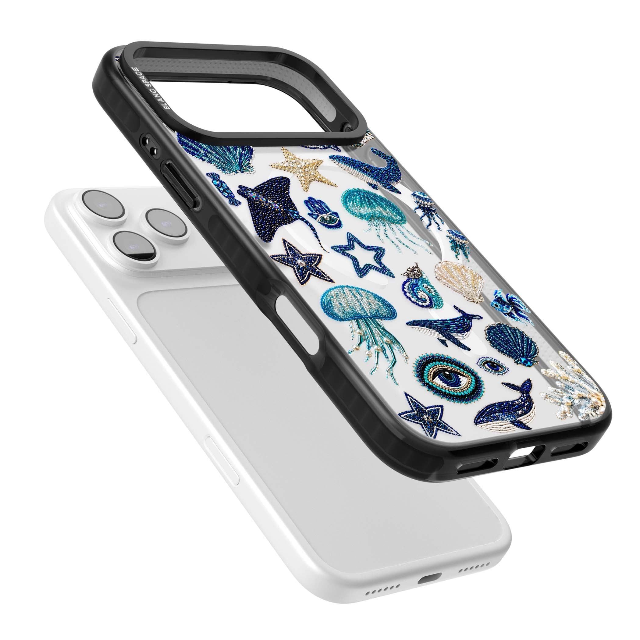 Beaded Coastal coastal iPhone case featuring embroidered seashells, jellyfish and a blue whale on clear | Black Impact Magsafe case for iPhone 17 Pro, iPhone 17 Pro Max