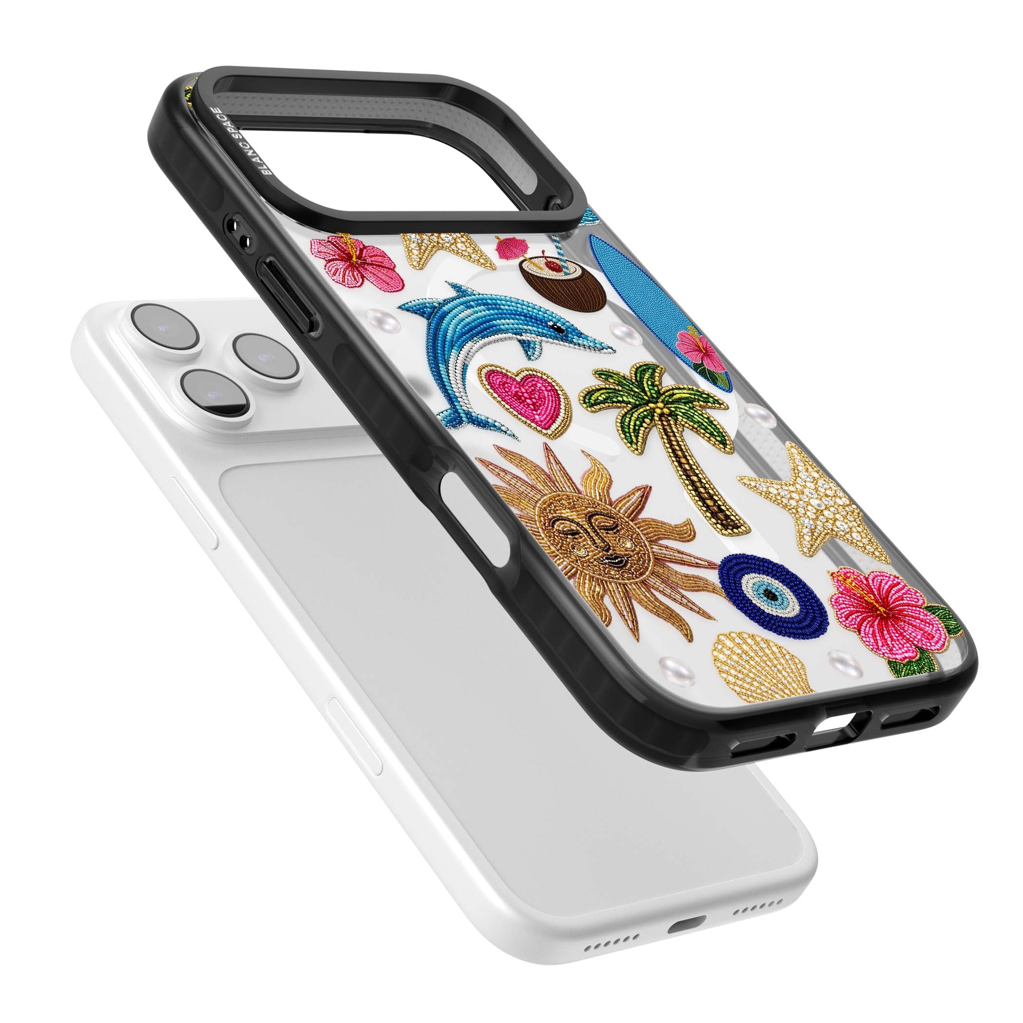 Beaded Beach coastal summer iPhone case featuring embroidered evil eye, hibiscus flowers, dolphin and palm tree patches | Black Impact Magsafe case for iPhone 17 Pro, iPhone 17 Pro Max