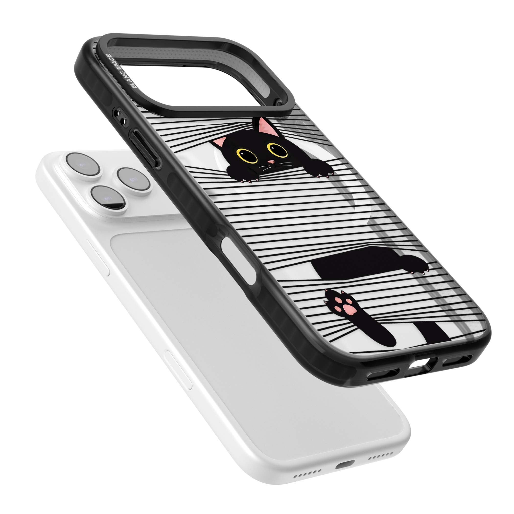 Peek-a-Boo Cat minimal iPhone case featuring black cat peeking through horizontal black and white stripes | Black Impact Magsafe case for iPhone 17 Pro, iPhone 17 Pro Max