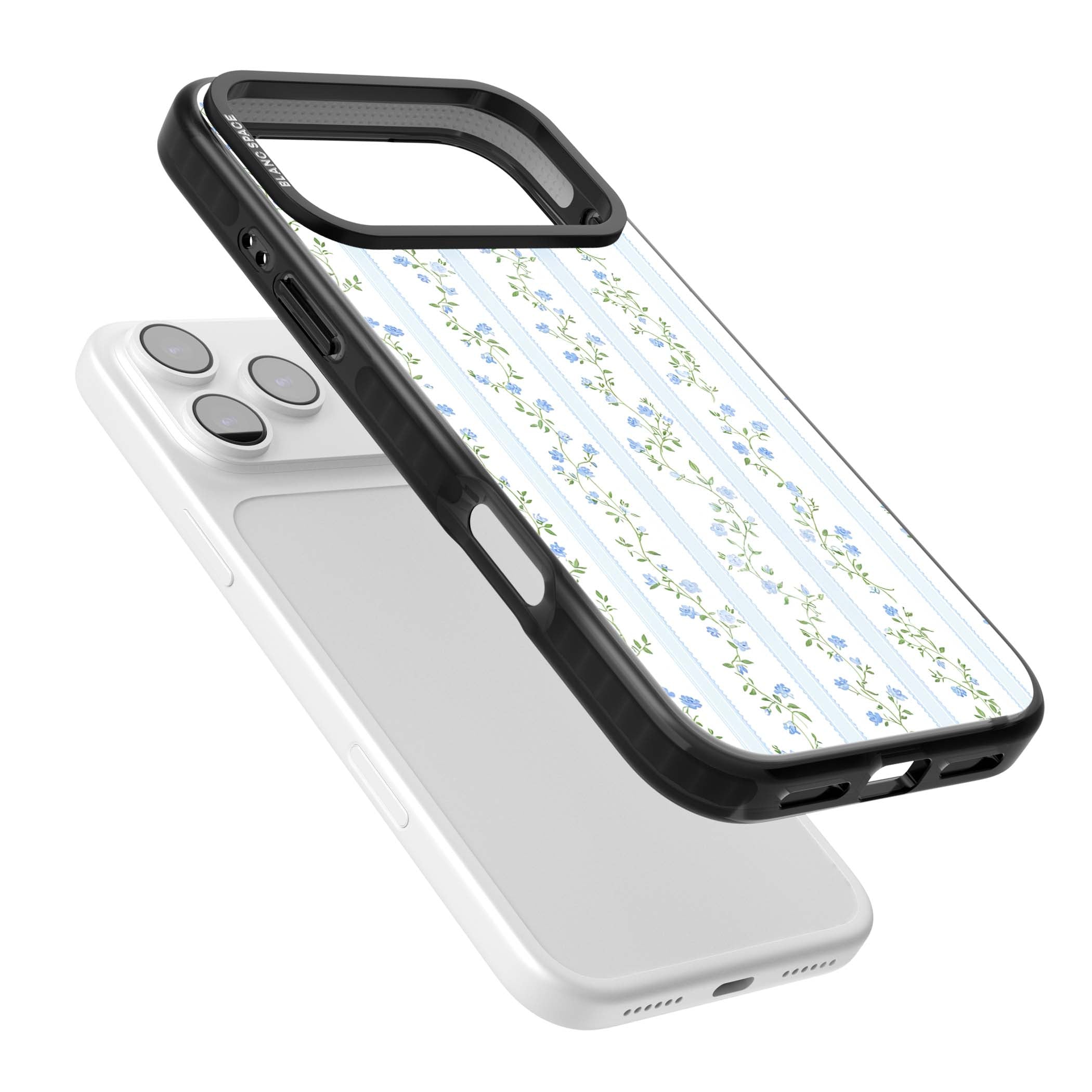 Bluebell Vine cottagecore iPhone case featuring climbing blue roses, trailing green vines, and pale ticking stripes | Black Impact Magsafe case for iPhone 17 Pro, iPhone 17 Pro Max