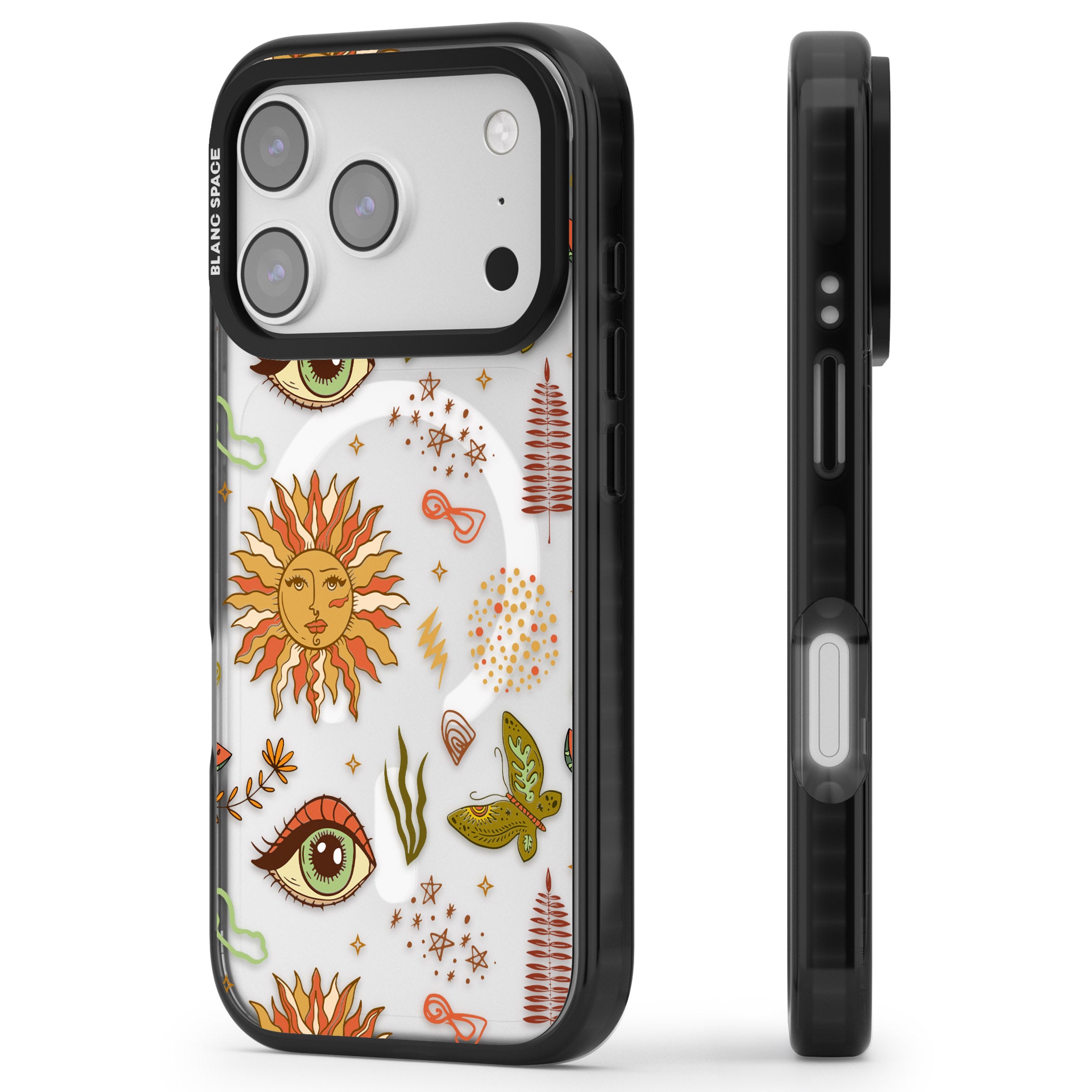Boho Celestial Sun & Eye Pattern iPhone 17 Pro Impact Pro Black Phone Case Side Profile