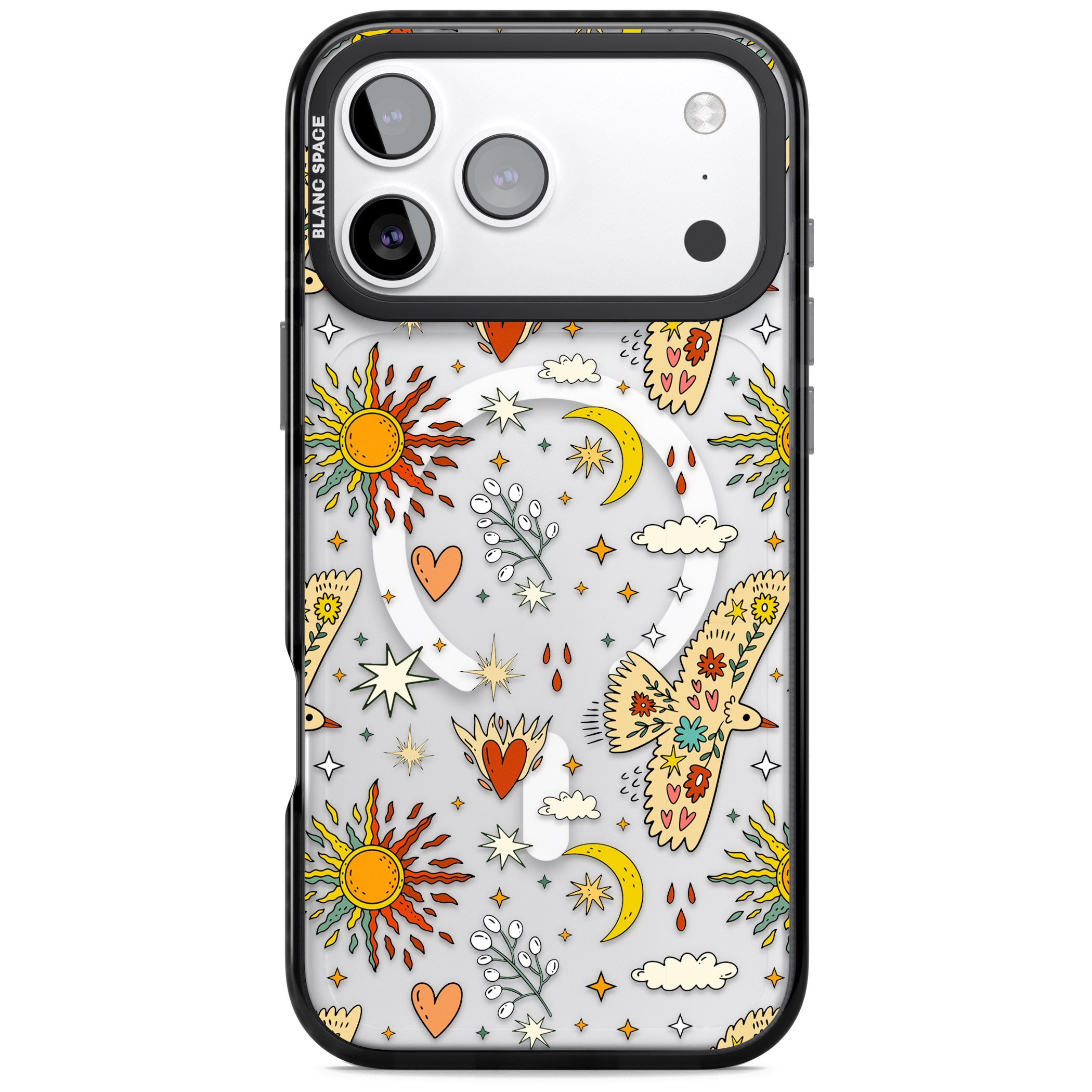 Boho Celestial Floral Bird Sun iPhone 17 Pro Impact Pro Black Phone Case
