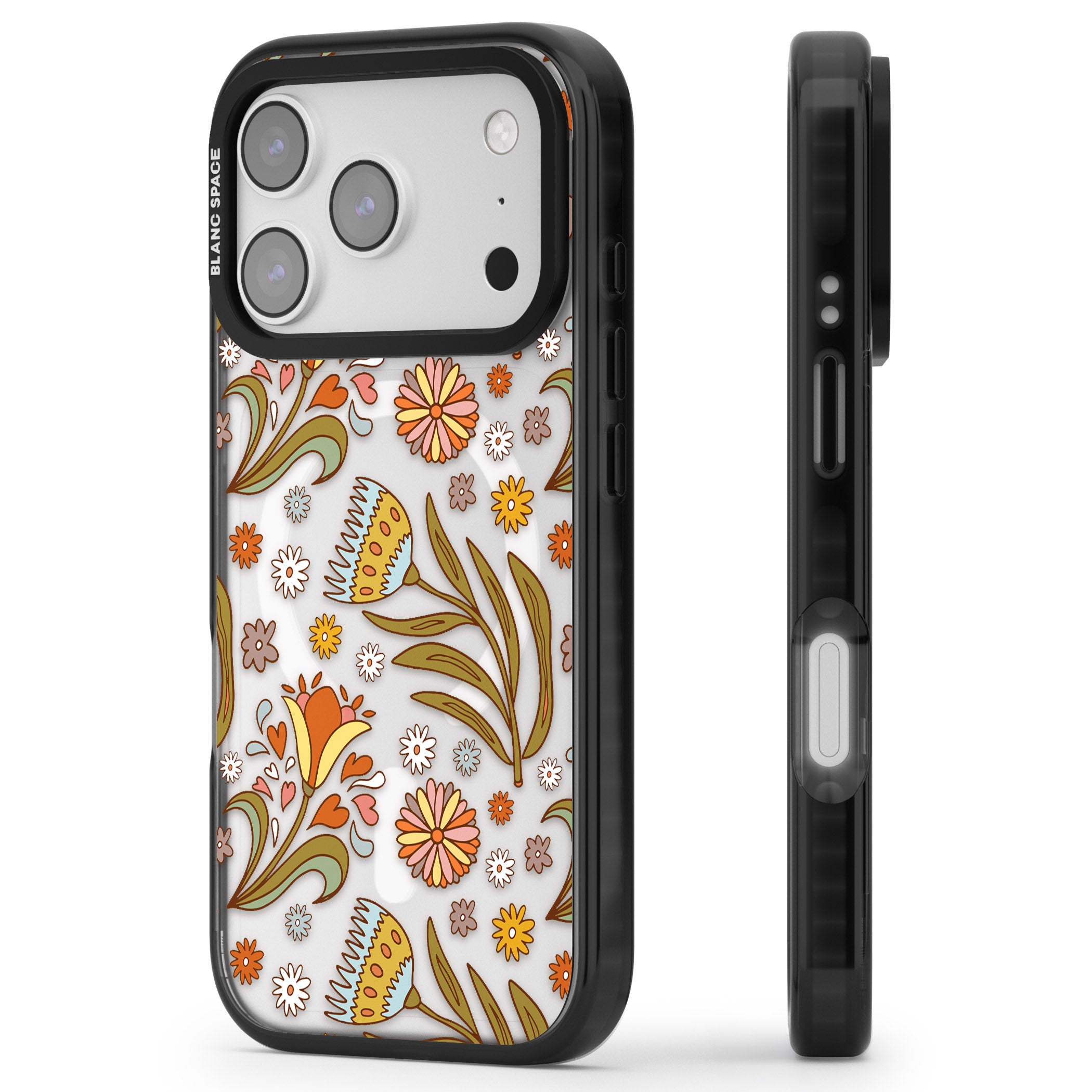Boho Celestial Wildflower iPhone 17 Pro Impact Pro Black Phone Case Side Profile