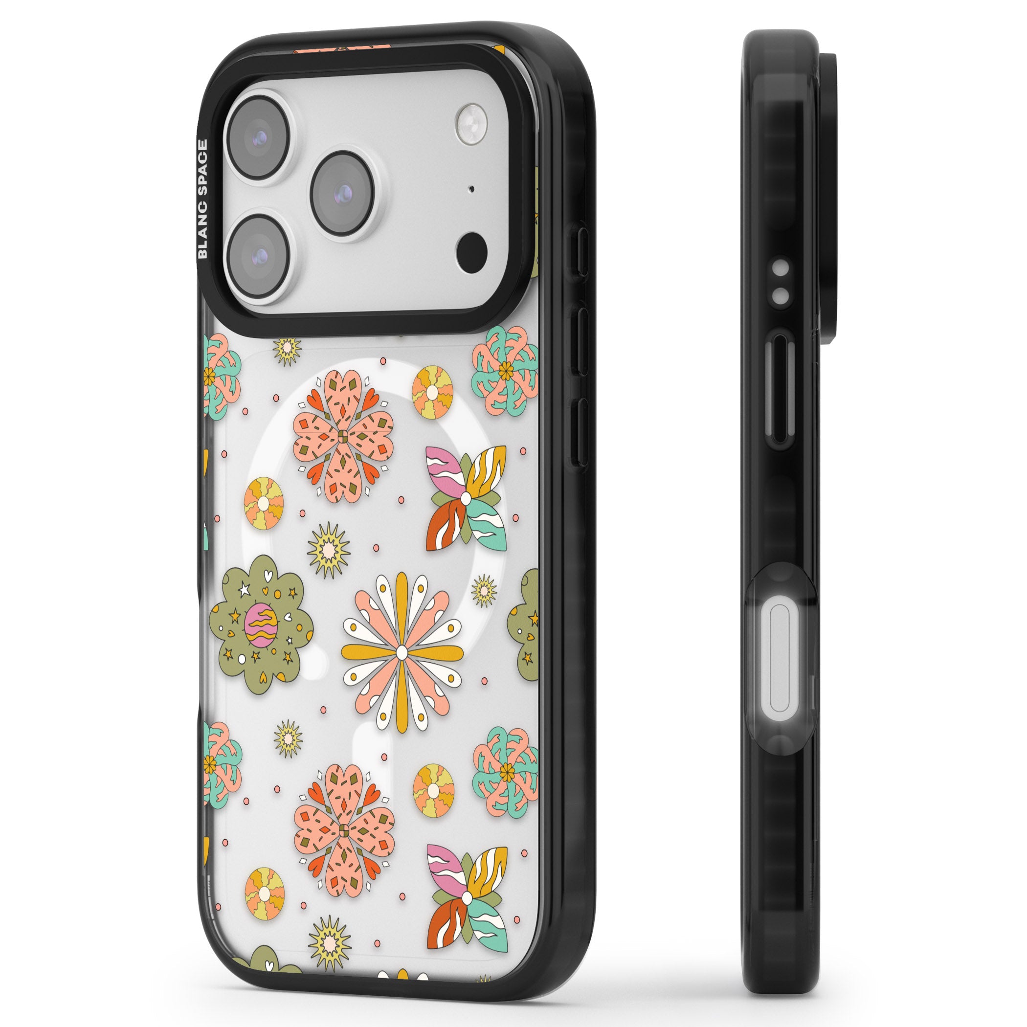 Boho Celestial Psychedelic Floral iPhone 17 Pro Max Impact Pro Black Phone Case Side Profile