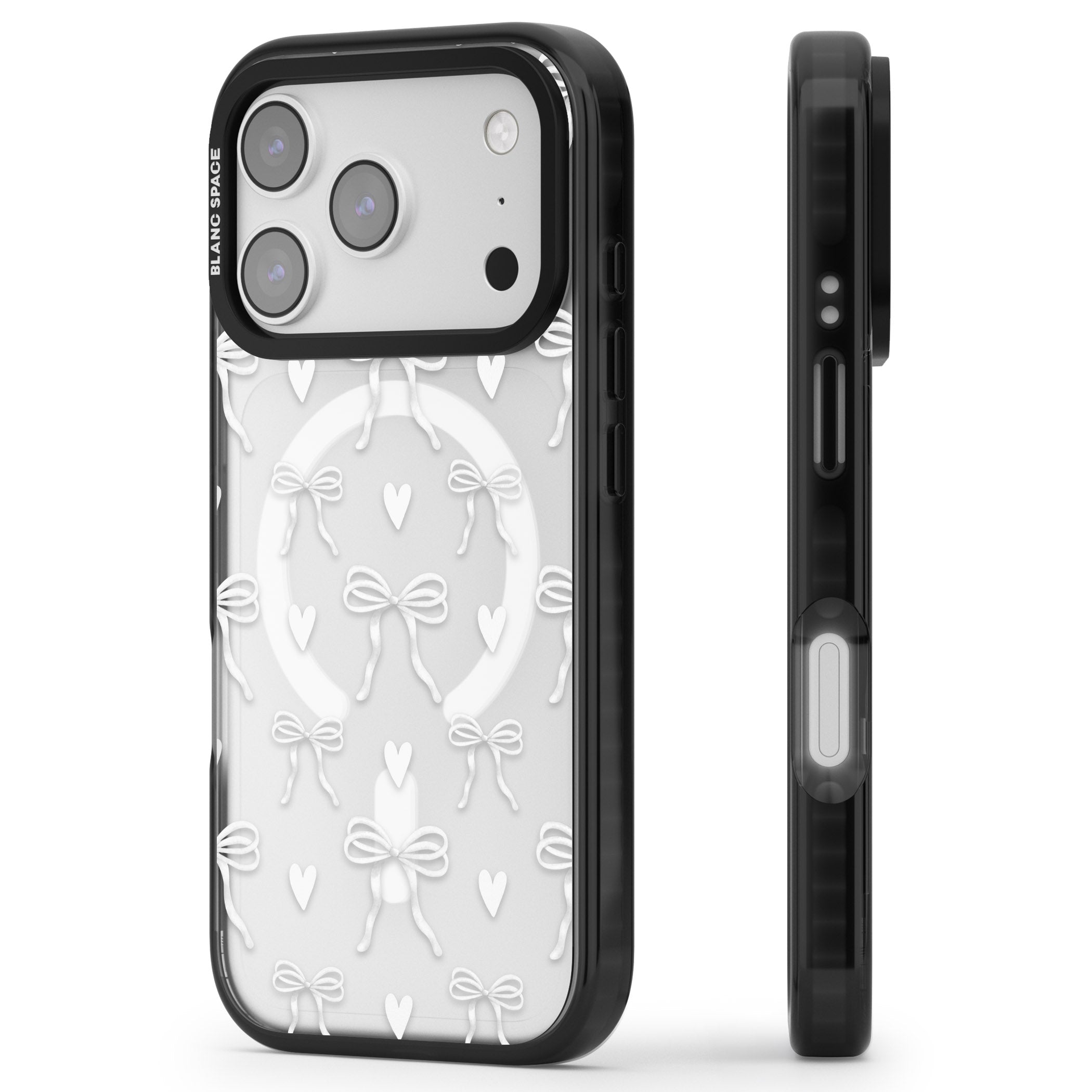White Bows & Hearts iPhone 17 Pro Impact Pro Black Phone Case Side Profile