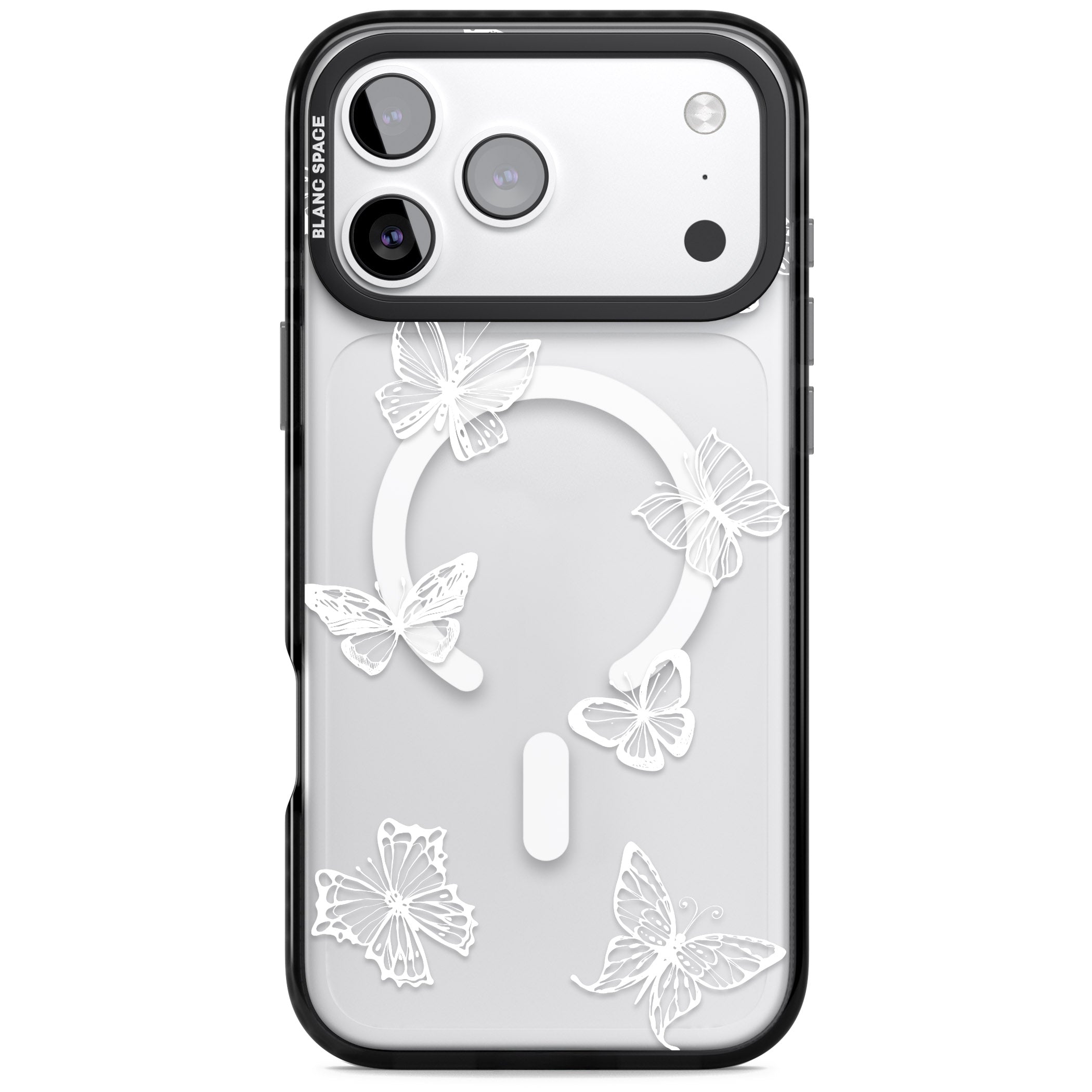 White Butterfly Line Pattern iPhone 17 Pro Impact Pro Black Phone Case