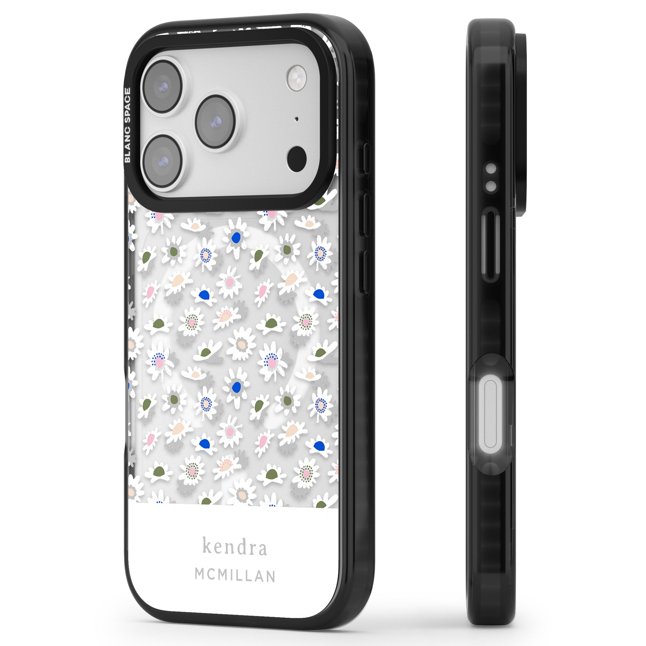 Personalised Grey & White Daisies iPhone 17 Pro Impact Pro Black Phone Case Side Profile
