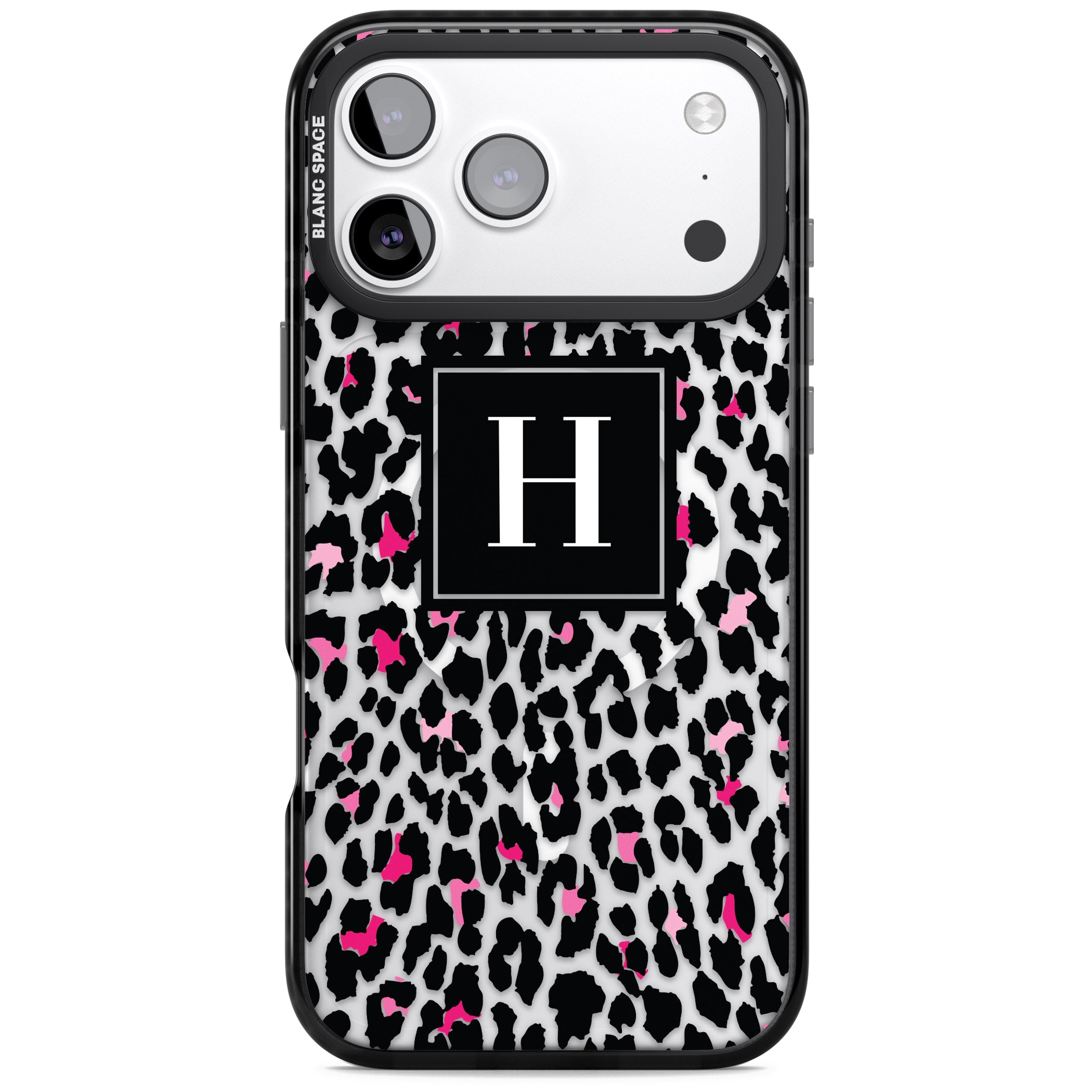 Personalised Clear Pink Leopard Monogram iPhone 17 Pro Impact Pro Black Phone Case
