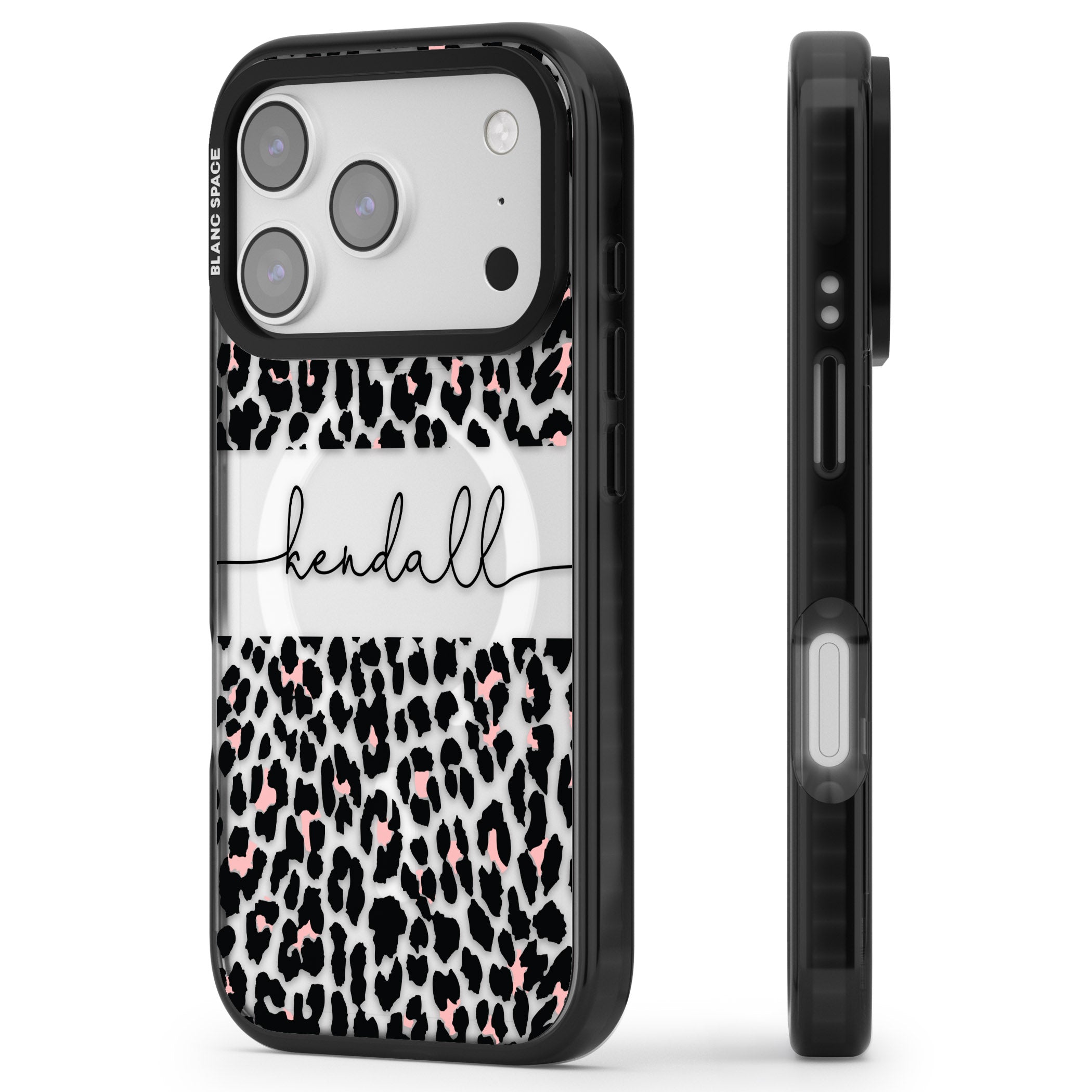 Personalised Cursive Leopard Spots iPhone 17 Pro Impact Pro Black Phone Case Side Profile