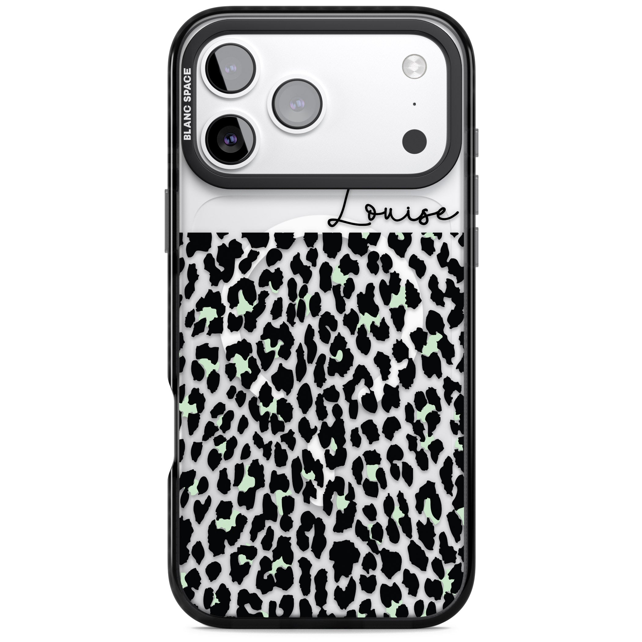 Personalised Seafoam Leopard iPhone 17 Pro Impact Pro Black Phone Case