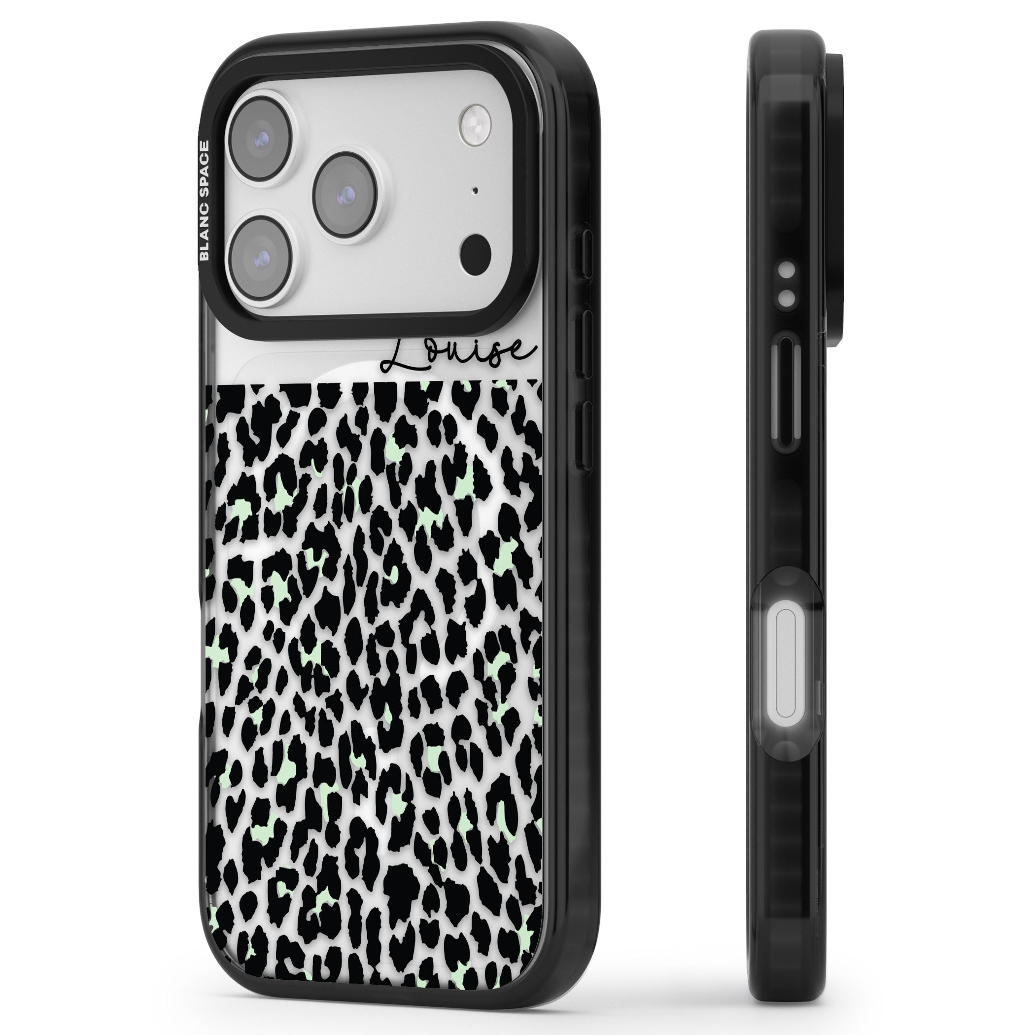 Personalised Seafoam Leopard iPhone 17 Pro Impact Pro Black Phone Case Side Profile