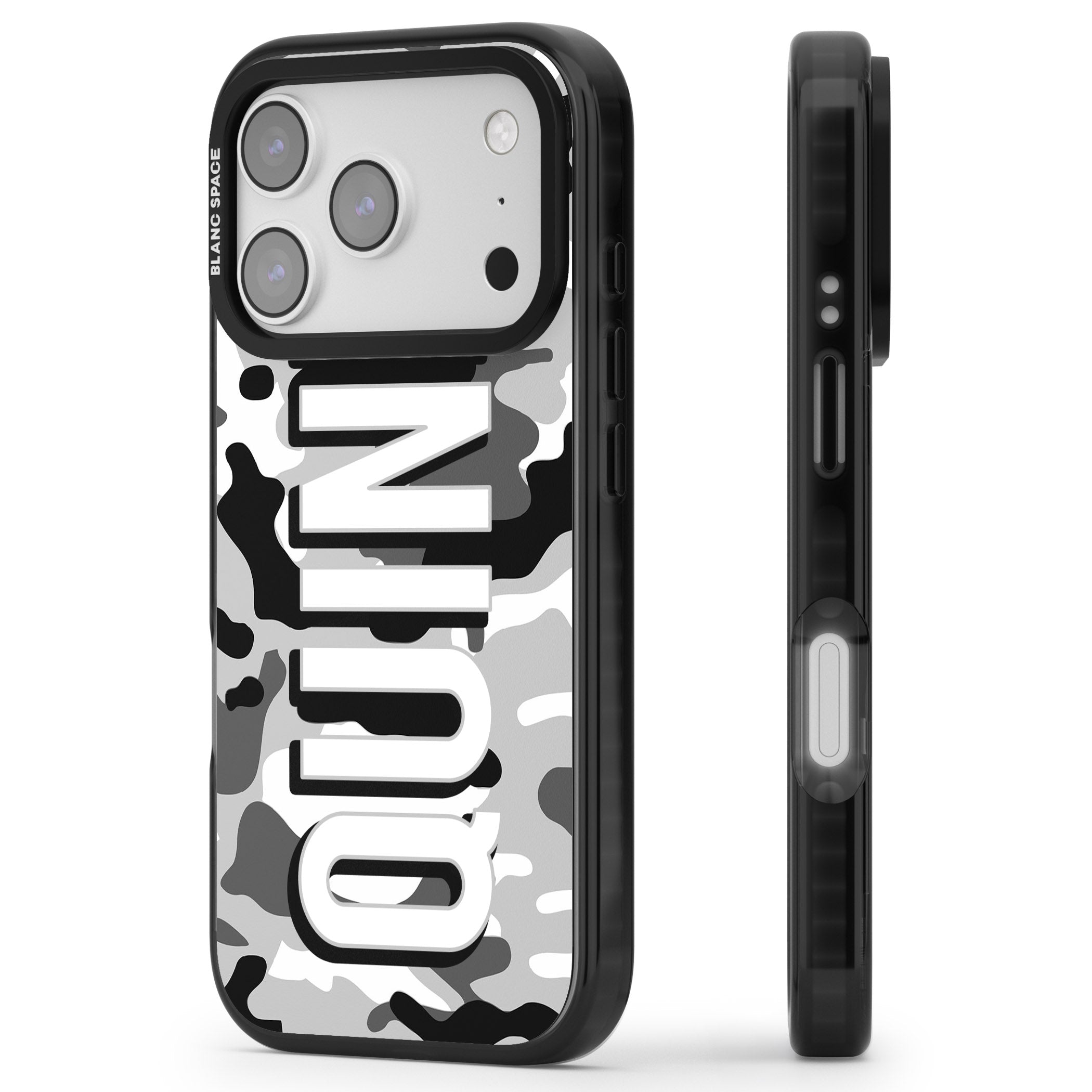 Personalised Greyscale Camo iPhone 17 Pro Impact Pro Black Phone Case Side Profile