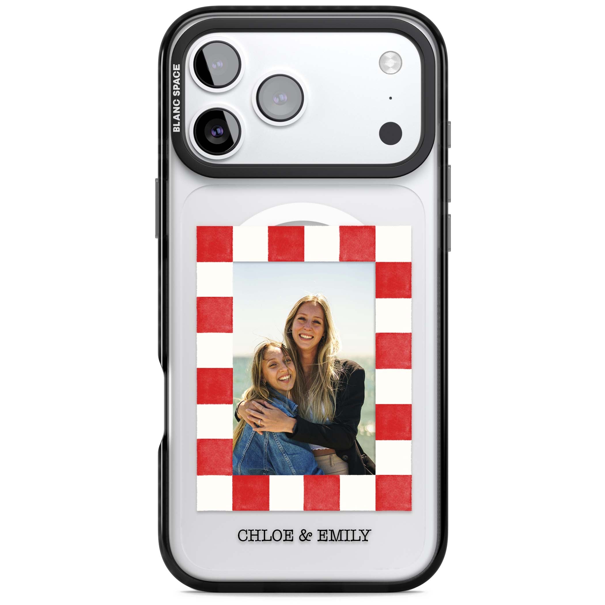 Red Check Photo personalised photo iPhone case with red and white checkered polaroid frame and custom couple name | Black Impact Magsafe case for iPhone 17 Pro, iPhone 17 Pro Max