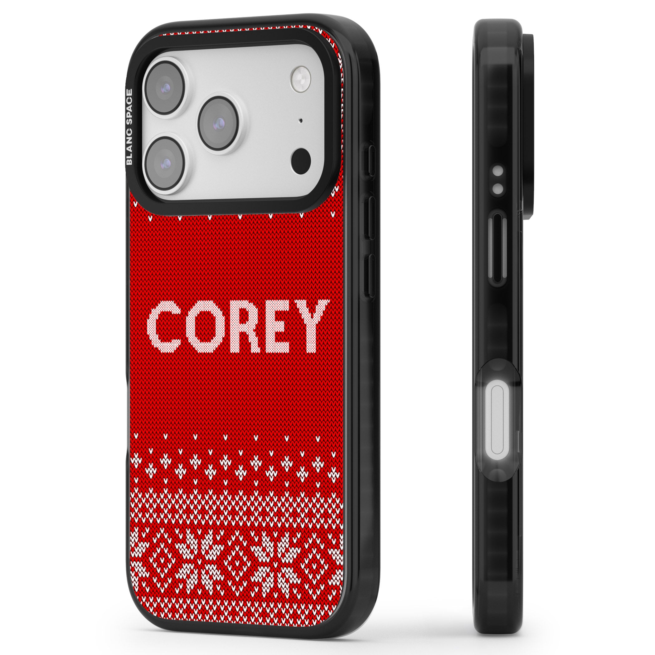 Personalised Red Christmas Knit iPhone 17 Pro Impact Pro Black Phone Case Side Profile