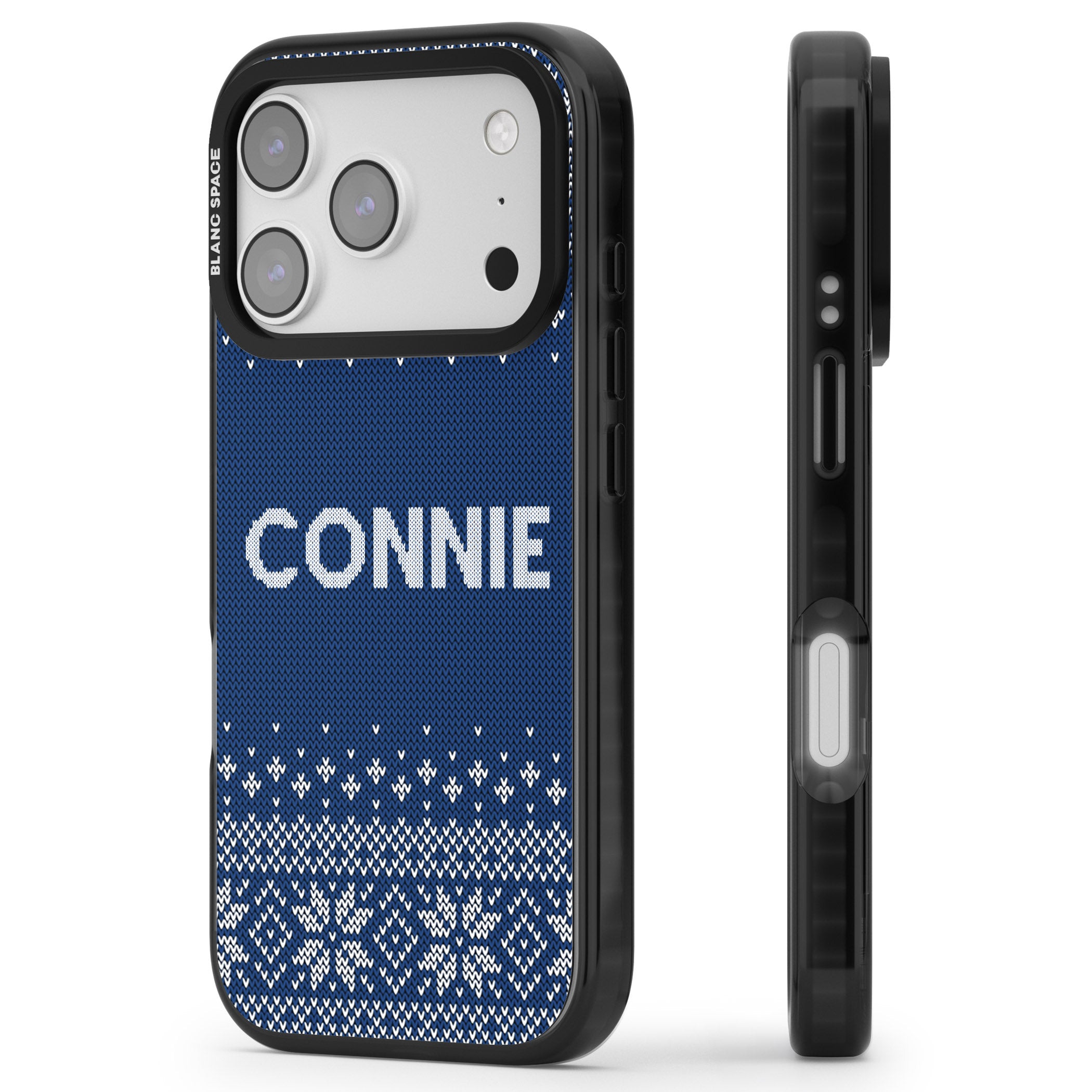 Personalised Blue Knitted Christmas iPhone 17 Pro Impact Pro Black Phone Case Side Profile