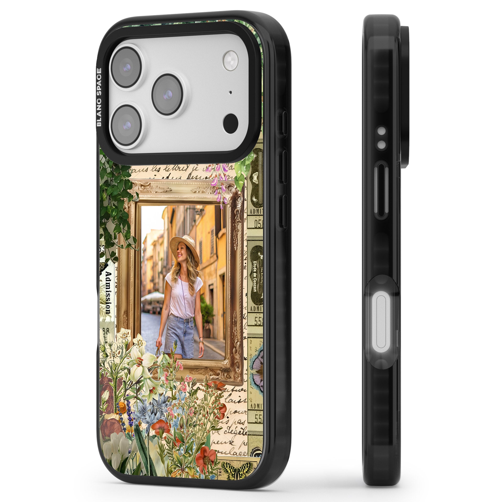 Personalised Tuscan Floral Collage Frame iPhone 17 Pro Impact Pro Black Phone Case Side Profile