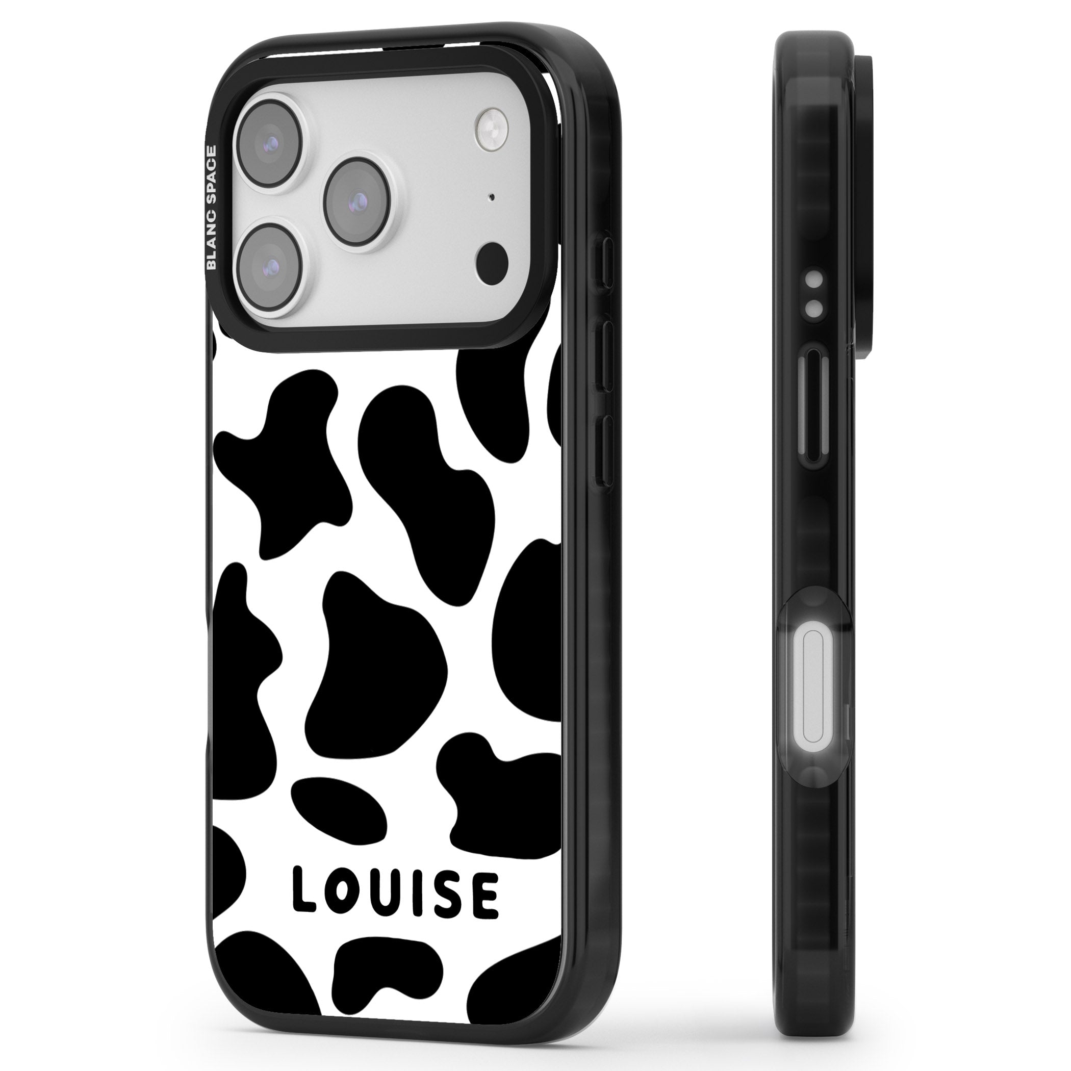 Personalised Cow Print iPhone 17 Pro Impact Pro Black Phone Case Side Profile
