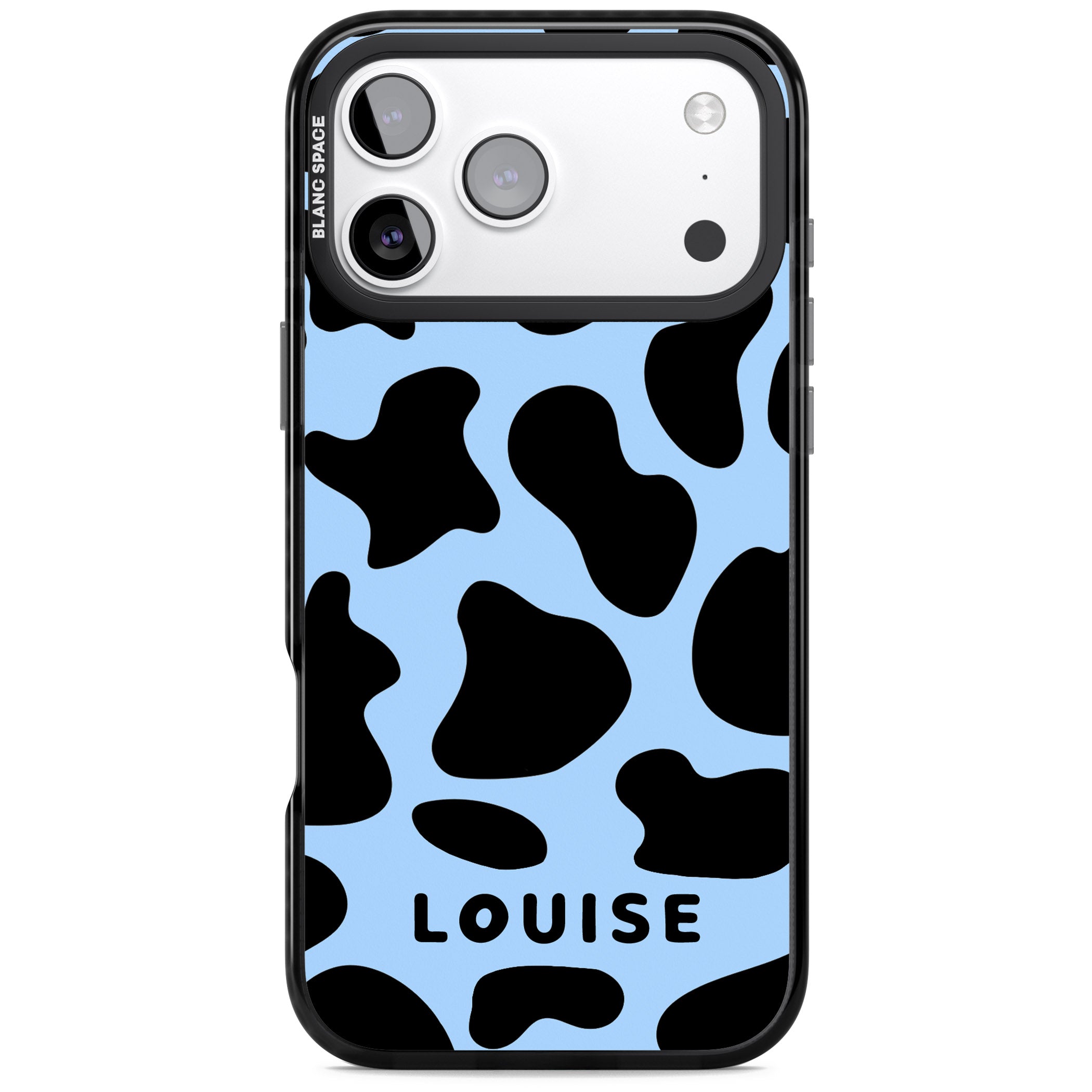 Personalised Blue And Black Cow Print iPhone 17 Pro Impact Pro Black Phone Case