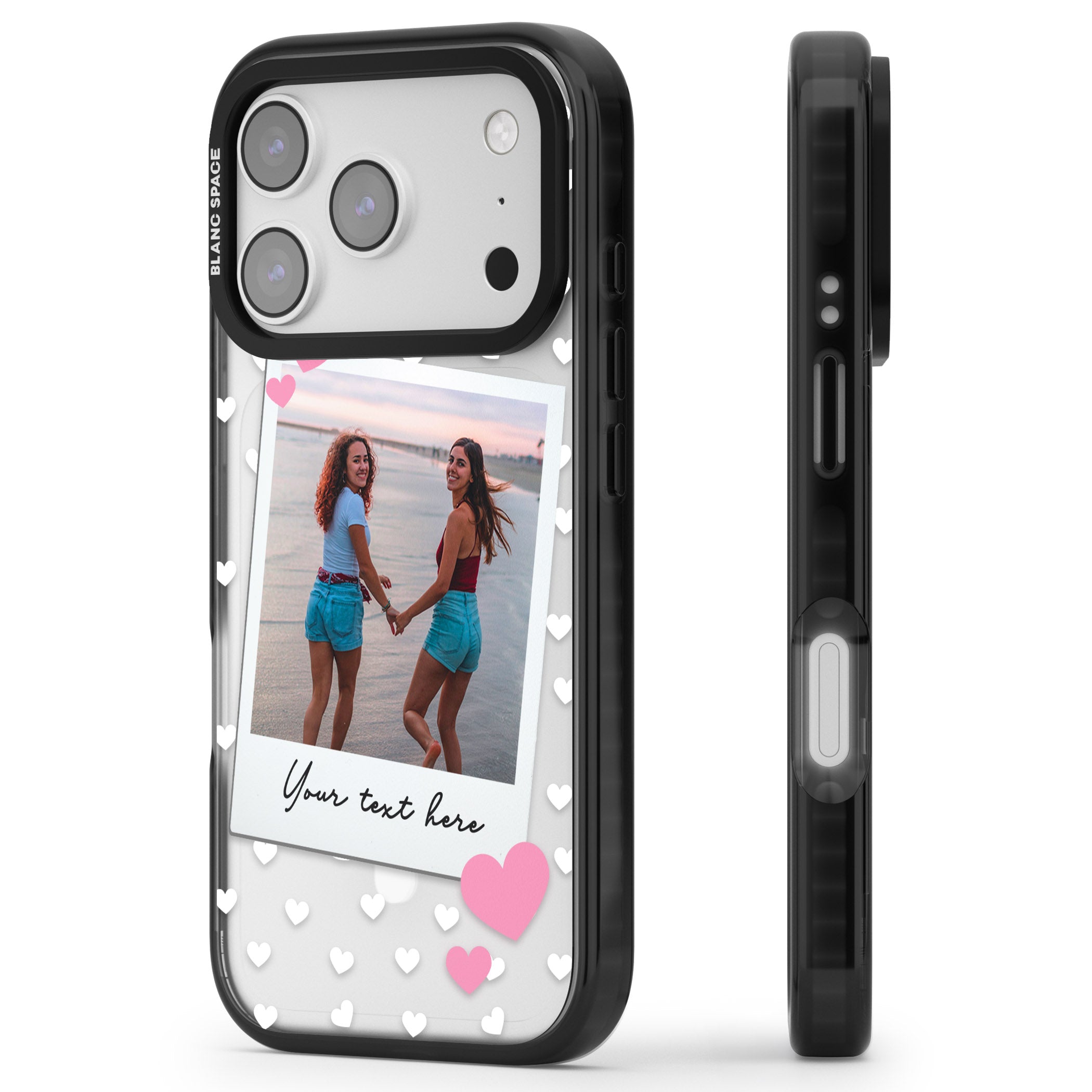 Personalised Hearts Instant Camera Photo iPhone 17 Pro Impact Pro Black Phone Case Side Profile