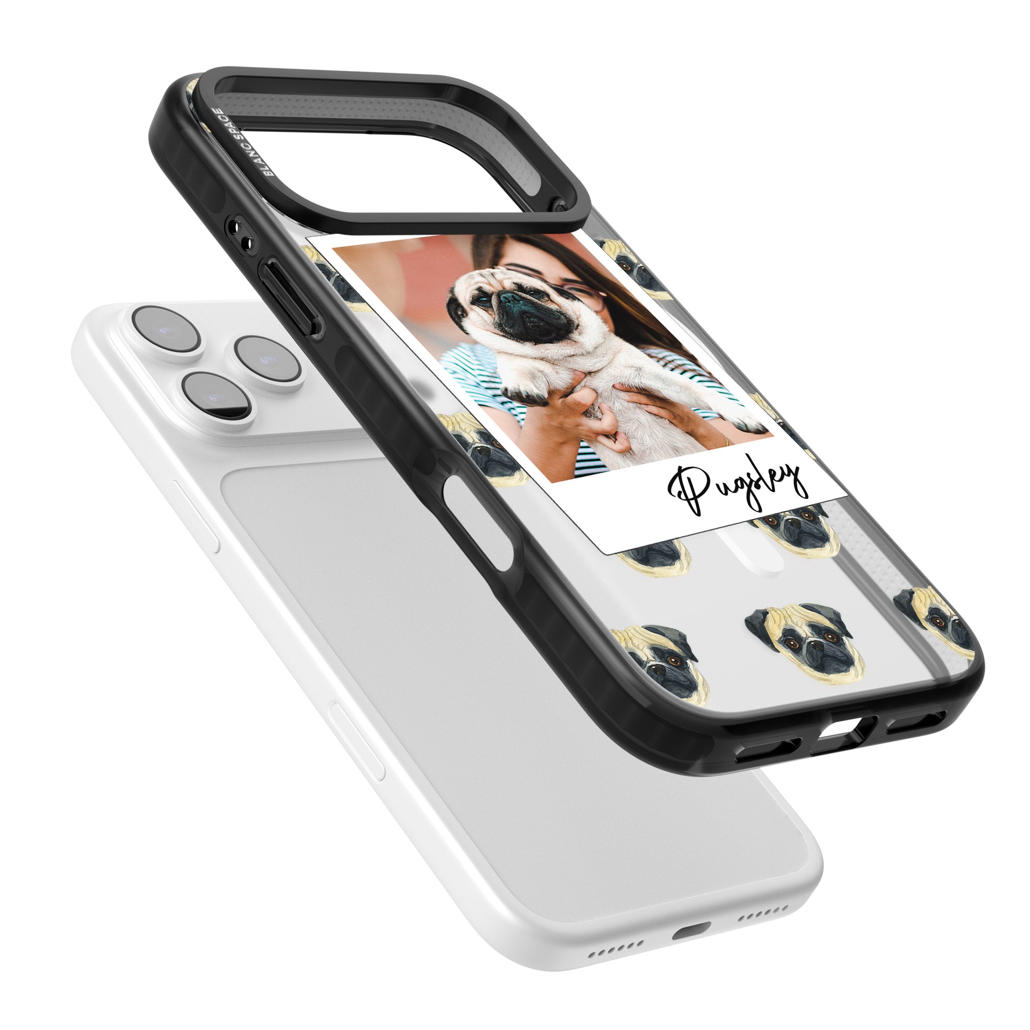 Personalised Pug Instant Camera Photo iPhone 17 Pro Impact Pro Black Phone Case Colours