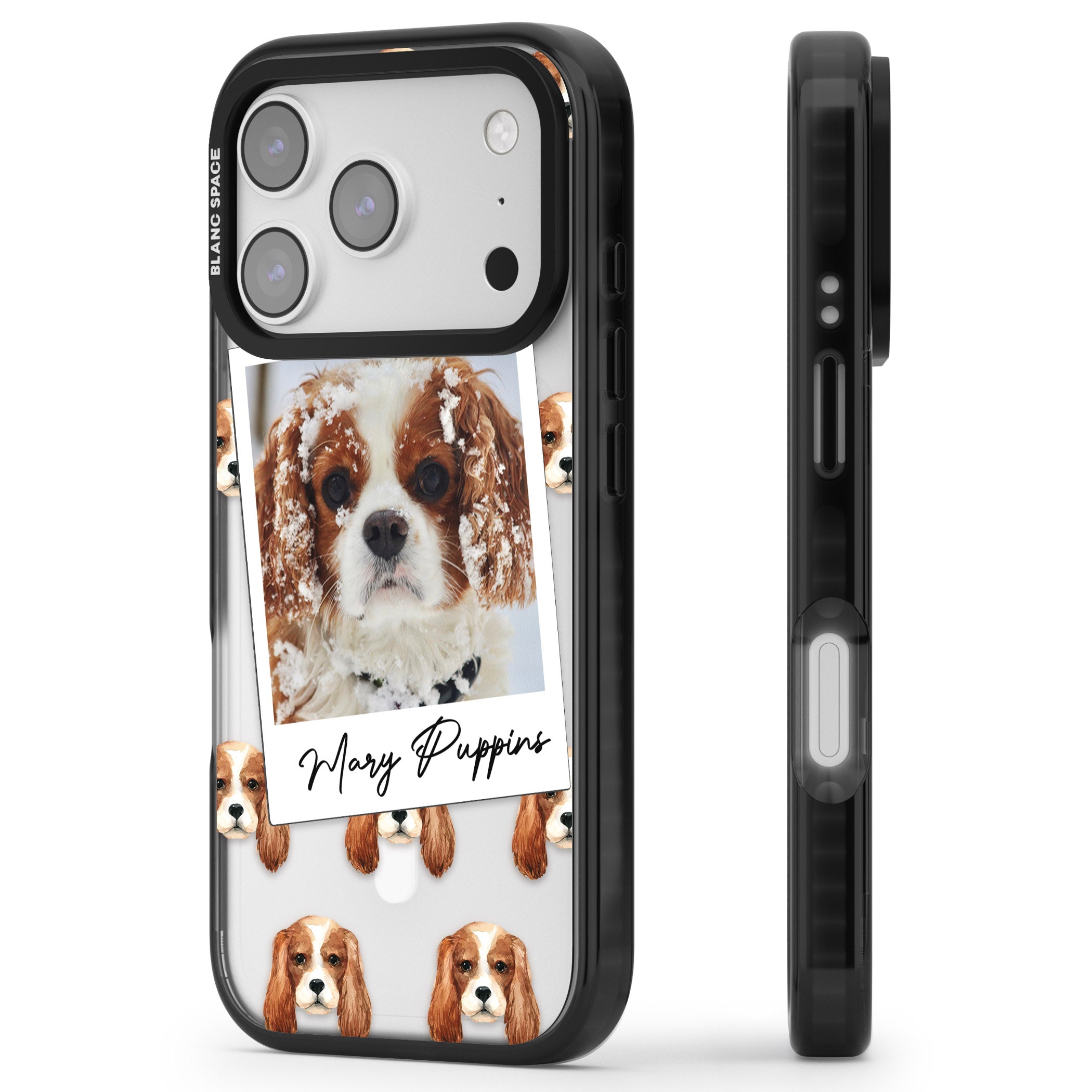 Personalised Cavalier King Charles Instant Camera Photo iPhone 17 Pro Impact Pro Black Phone Case Side Profile