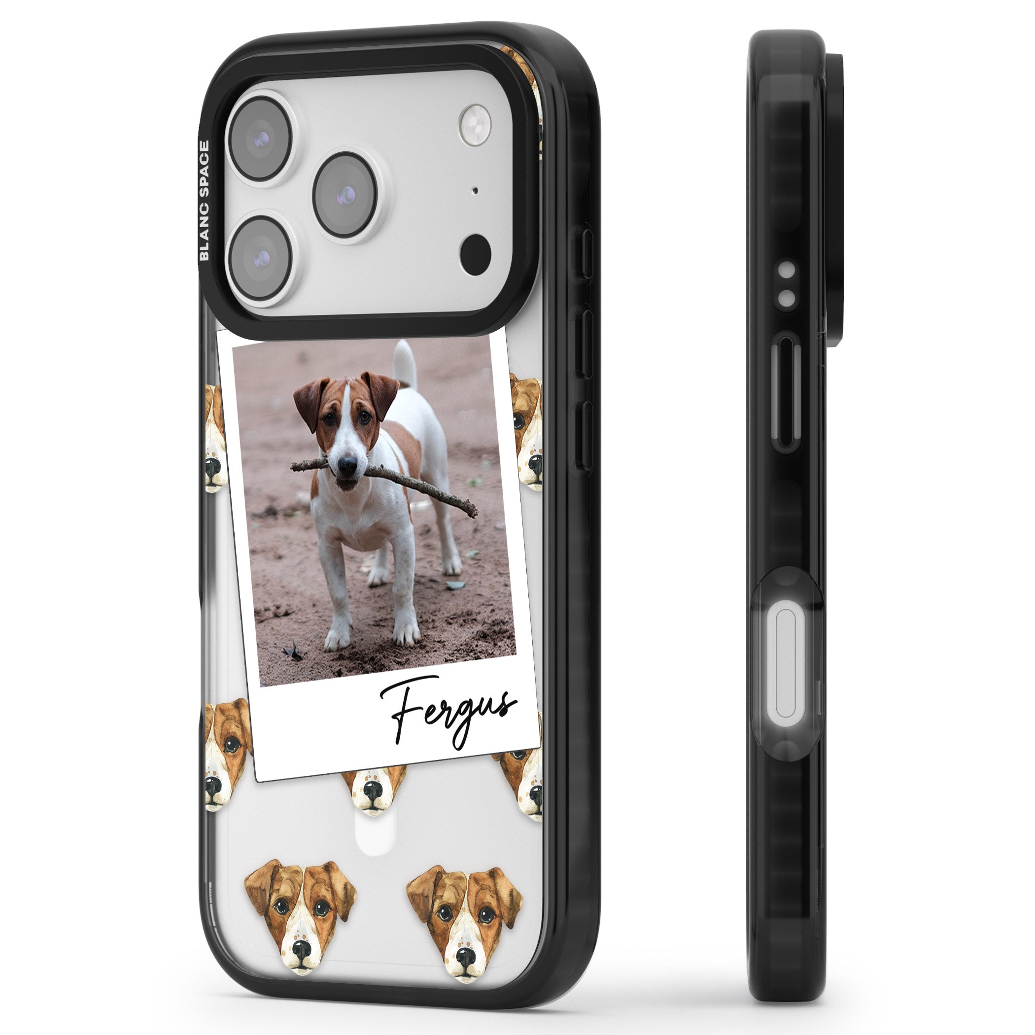 Personalised Jack Russell Instant Camera Photo iPhone 17 Pro Impact Pro Black Phone Case Side Profile