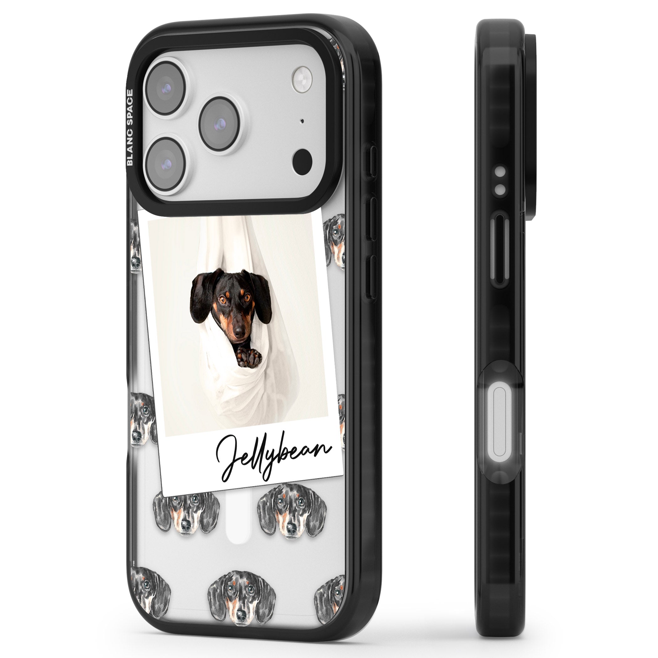Personalised Black Dachshund Instant Camera Photo iPhone 17 Pro Impact Pro Black Phone Case Side Profile