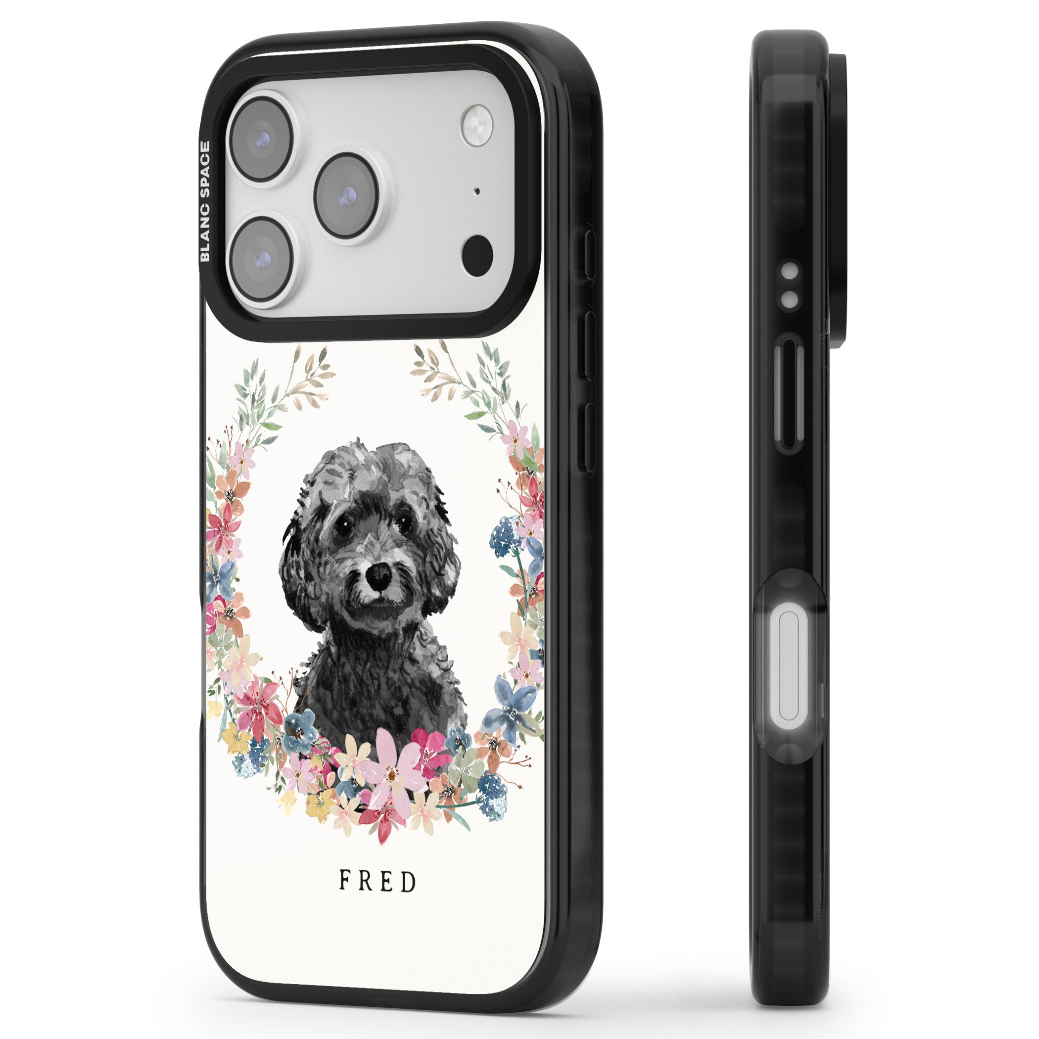 Personalised Black Cockapoo Floral Portrait iPhone 17 Pro Impact Pro Black Phone Case Side Profile