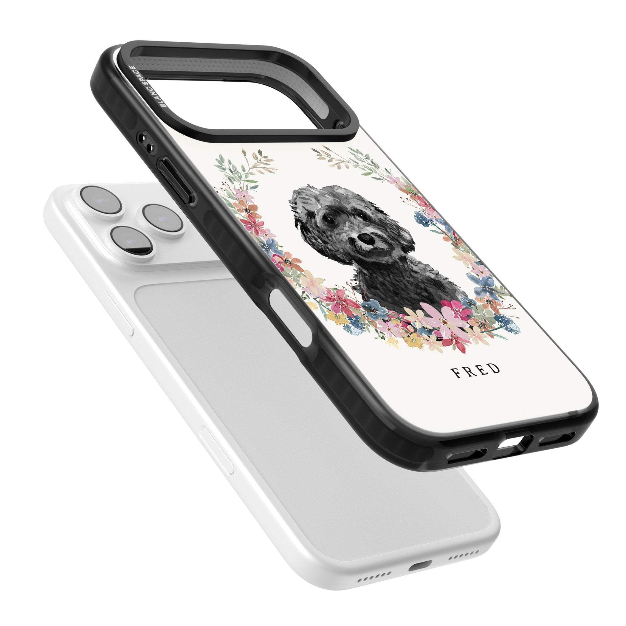 Personalised Black Cockapoo Floral Portrait iPhone 17 Pro Impact Pro Black Phone Case Colours