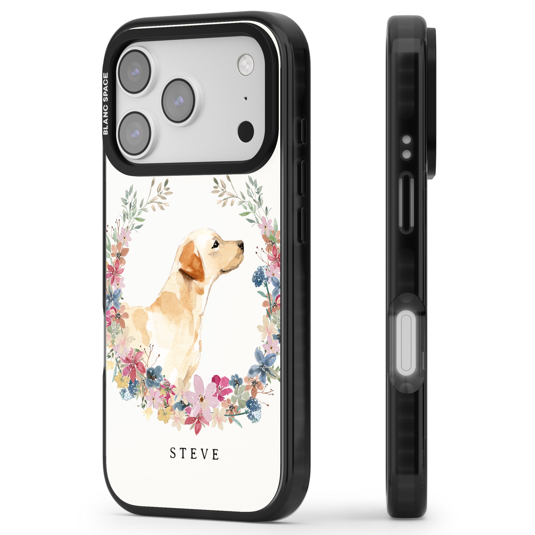 Personalised Yellow Labrador Floral Portrait iPhone 17 Pro Impact Pro Black Phone Case Side Profile