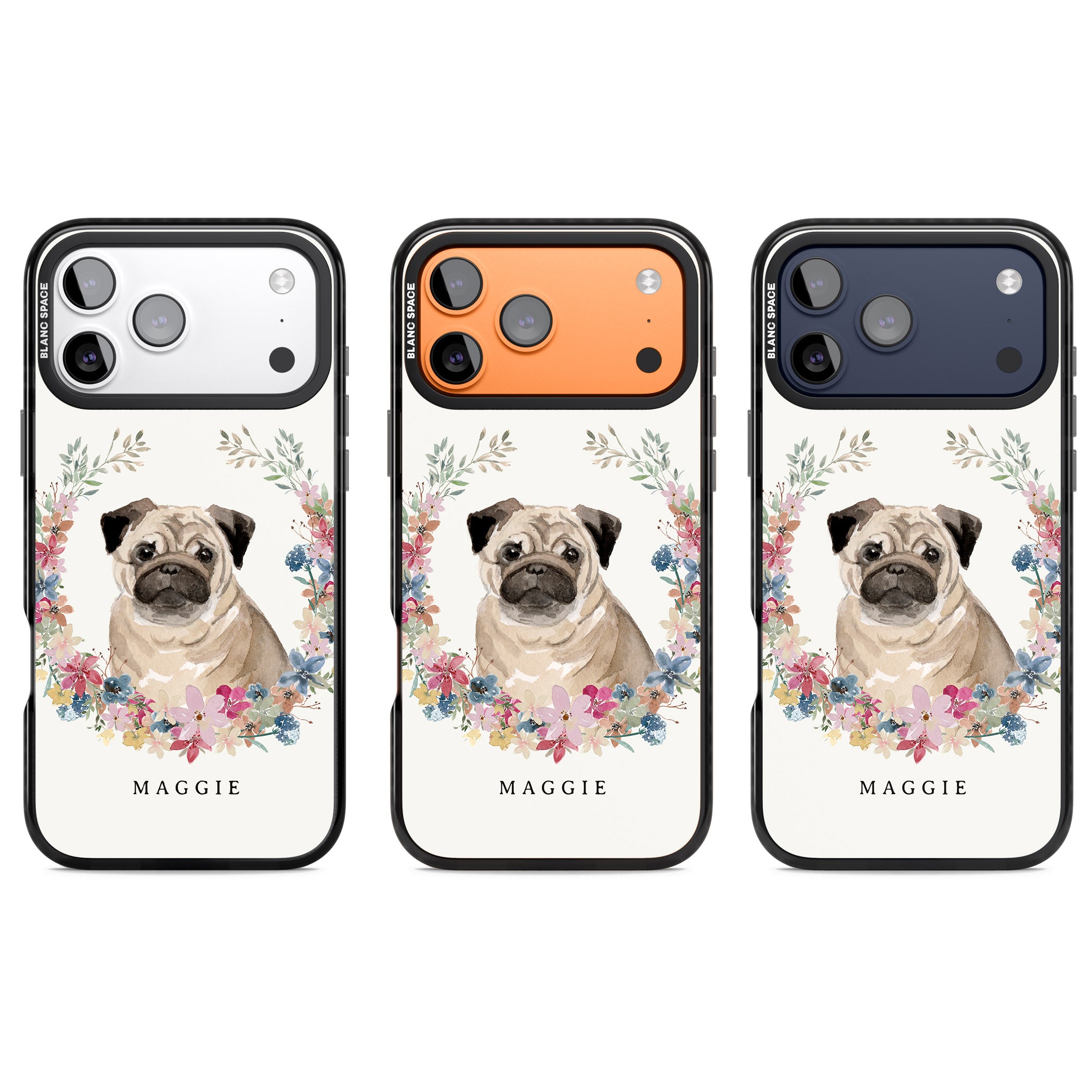 Personalised Pug Floral Portrait iPhone 17 Pro Impact Pro Black Phone Case APT Impact Protection