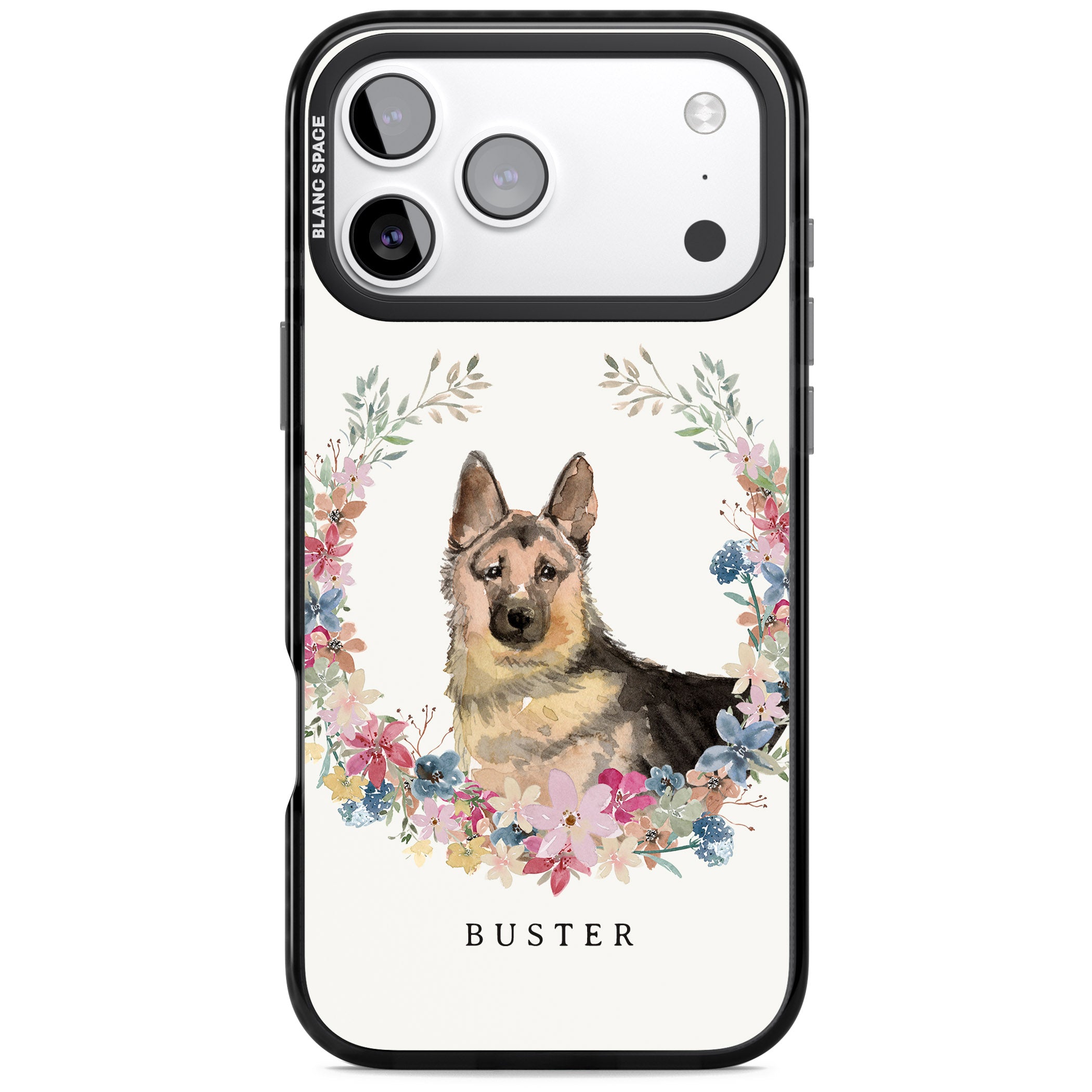 Personalised German Shepherd Floral Portrait iPhone 17 Pro Impact Pro Black Phone Case