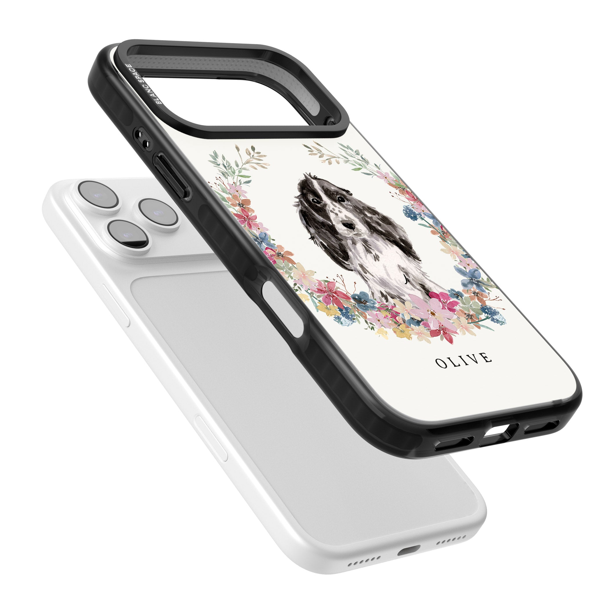 Personalised Black Cocker Spaniel Floral Portrait iPhone 17 Pro Impact Pro Black Phone Case Colours