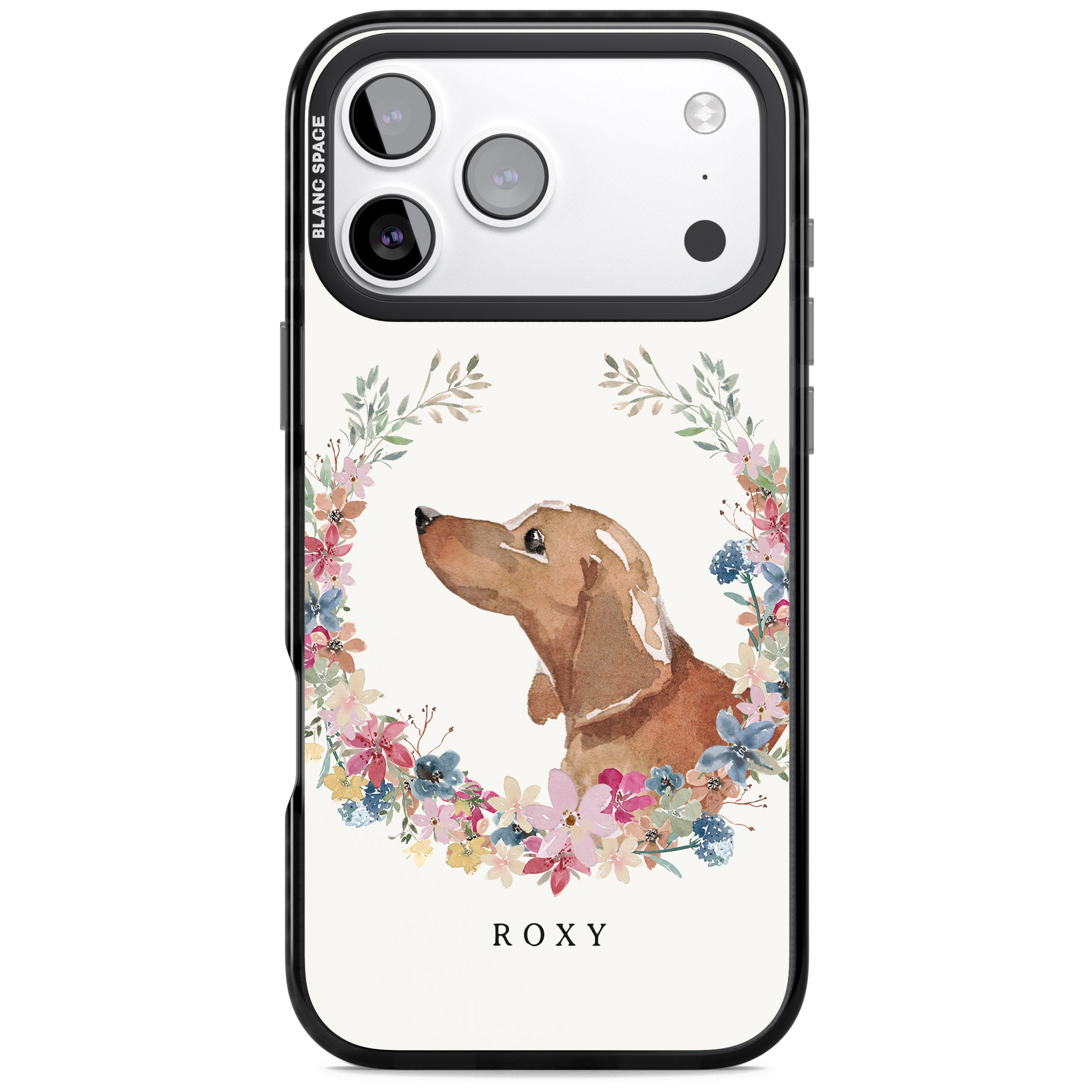 Personalised Tan Dachshund Floral Portrait iPhone 17 Pro Impact Pro Black Phone Case